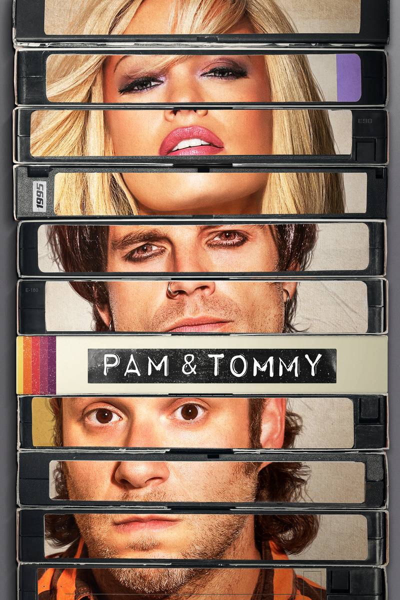 Poster chính thức của phim Phim Hài, Phim Tâm Lý "Pam & Tommy" (Pam & Tommy - 2022), với sự tham gia của diễn viên Lily James và Sebastian Stan.