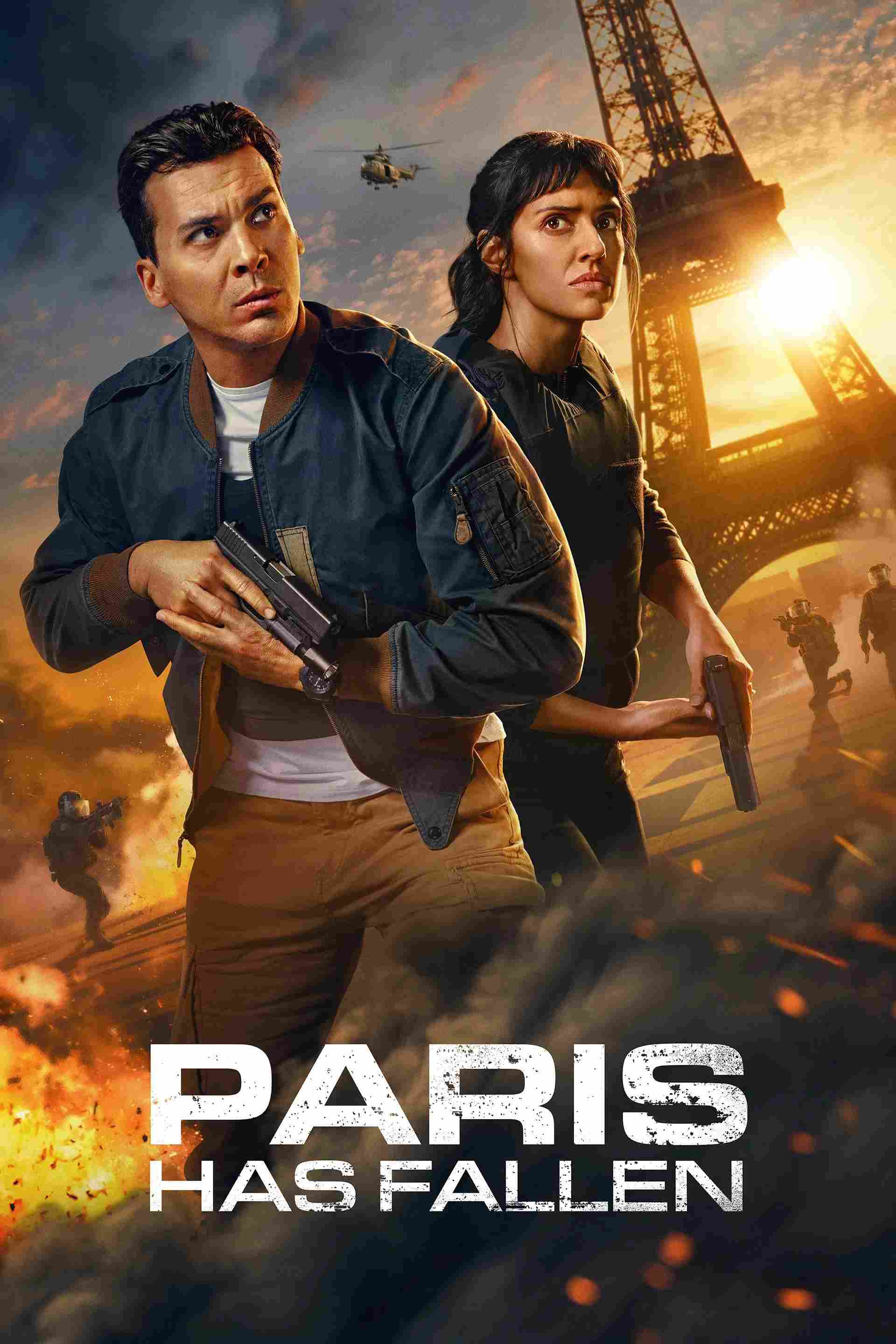 Poster chính thức của phim Phim Hành Động & Phiêu Lưu, Phim Chiến Tranh & Chính Trị "Paris Thất Thủ" (Paris Has Fallen - 2024), với sự tham gia của diễn viên Tewfik Jallab và Ritu Arya.