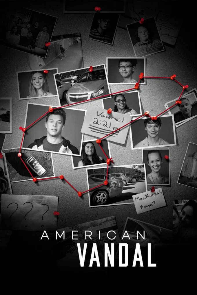 Poster chính thức của phim Phim Hài, Phim Hình Sự "Phá hoại kiểu Mỹ (Phần 1)" (American Vandal - 2017), với sự tham gia của diễn viên Tyler Alvarez và Griffin Gluck.