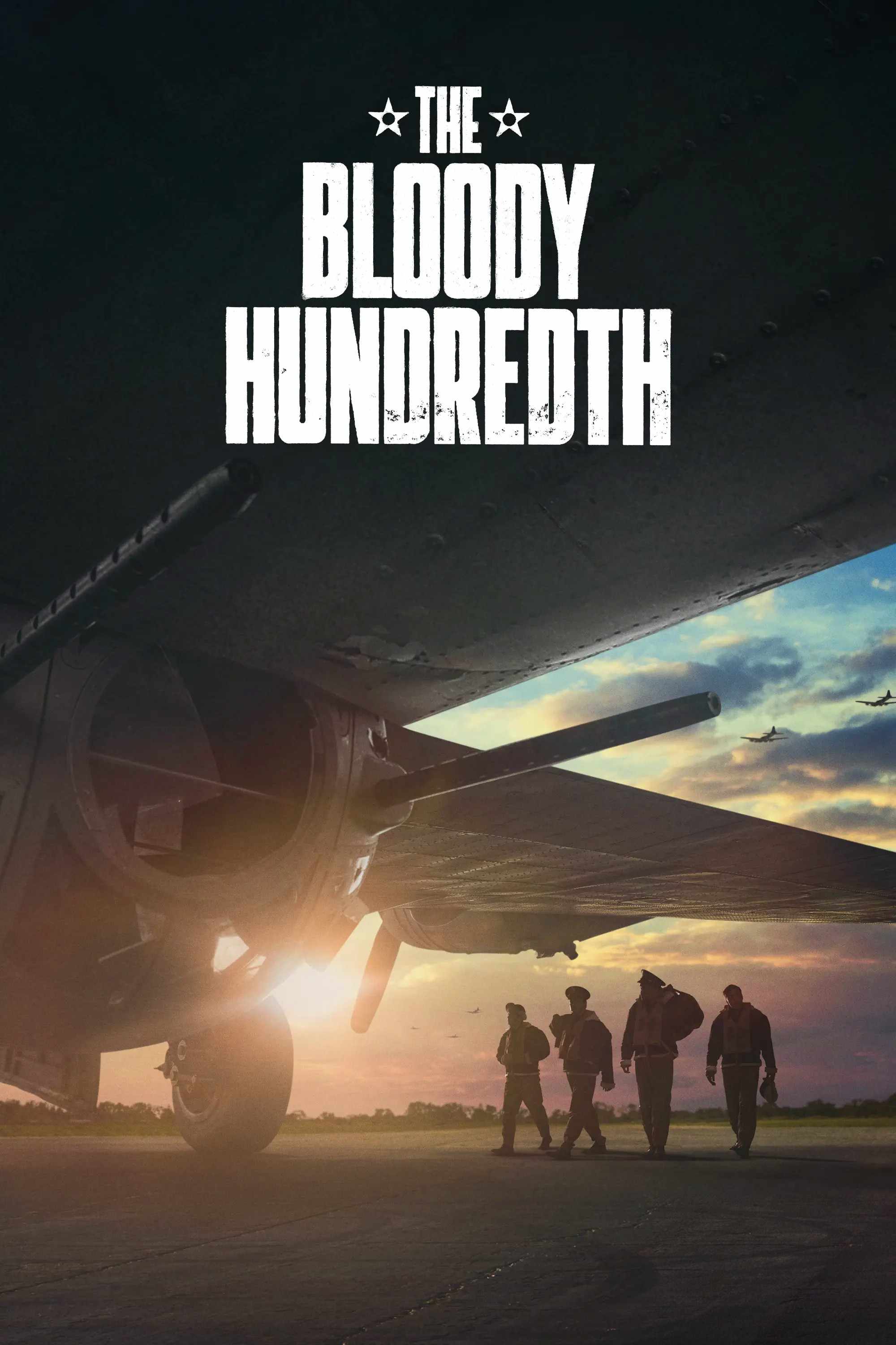 Poster chính thức của phim Phim Chiến Tranh, Phim Tài Liệu "Phi Đội Máy Bay Cảm Tử 100" (The Bloody Hundredth - 2024), với sự tham gia của diễn viên Tom Hanks và Steven Spielberg.