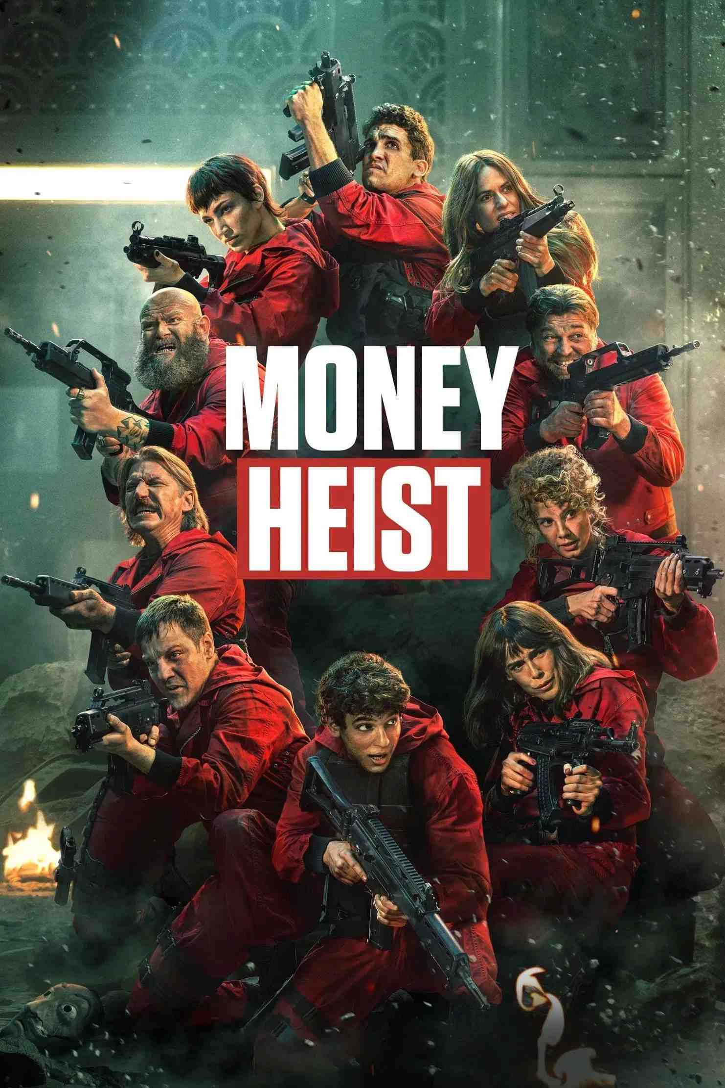 Poster chính thức của phim Phim Hình Sự, Phim Tâm Lý "Phi Vụ Triệu Đô (Phần 5)" (Money Heist - 2017), với sự tham gia của diễn viên Úrsula Corberó và Itziar Ituño.