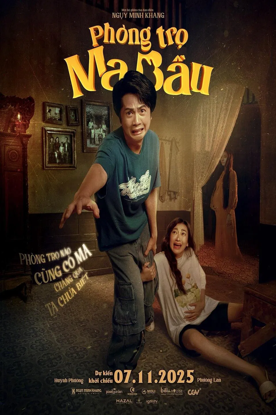 Poster chính thức của phim Phim Hài, Phim Kinh Dị "Phòng Trọ Ma Bầu" (Pregnant Ghost - 2025), với sự tham gia của diễn viên Huỳnh Phương và Phương Lan.
