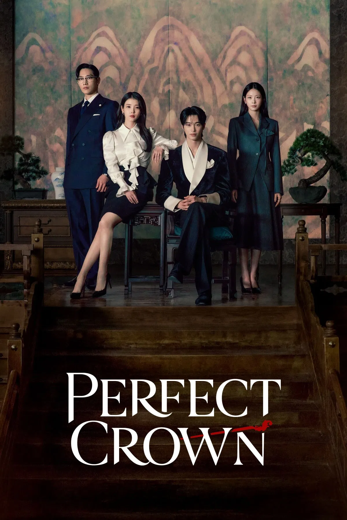 Poster chính thức của phim Phim Hài, Phim Tâm Lý "Phu Nhân Đại Quân Thế Kỷ 21" (Perfect Crown - 2026), với sự tham gia của diễn viên IU và Byeon Woo-seok.