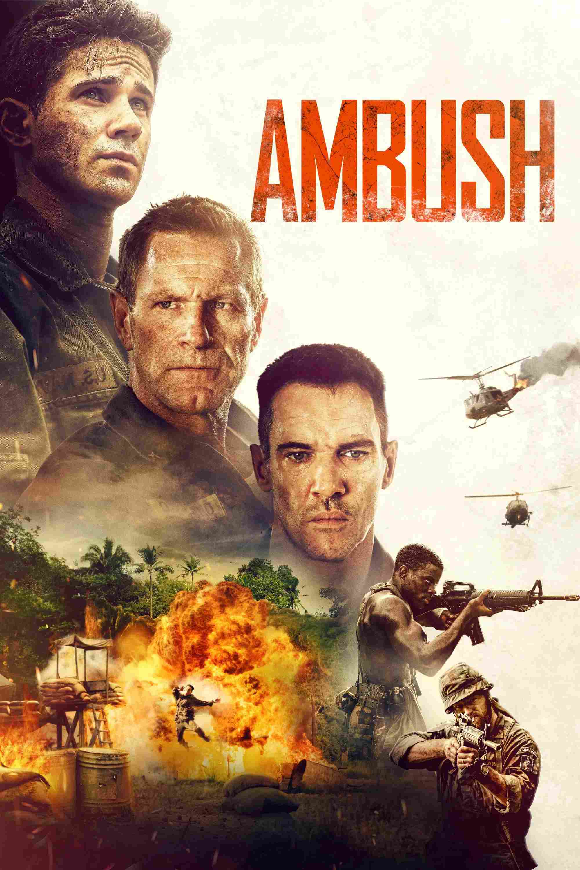 Poster chính thức của phim Phim Chiến Tranh, Phim Hành Động "Phục Kích" (Ambush - 2023), với sự tham gia của diễn viên Jonathan Rhys Meyers và Connor Paolo.