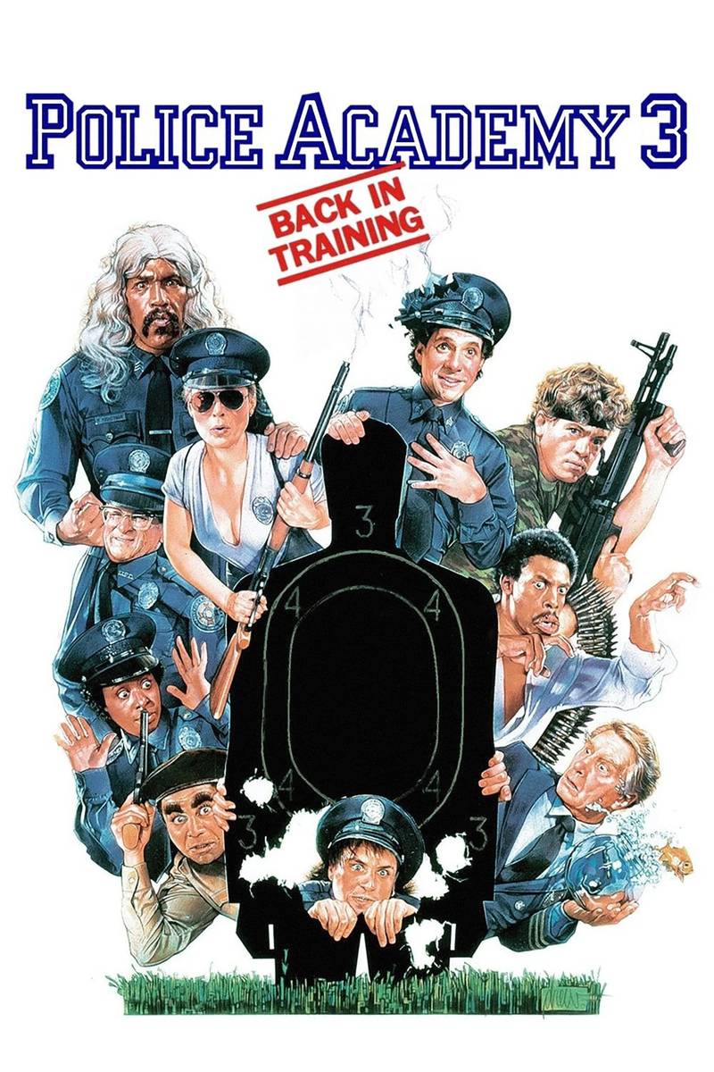 Poster chính thức của phim Phim Hài, Phim Hình Sự "Police Academy 3: Back in Training" (Police Academy 3: Back in Training - 1986), với sự tham gia của diễn viên Steve Guttenberg và Bubba Smith.