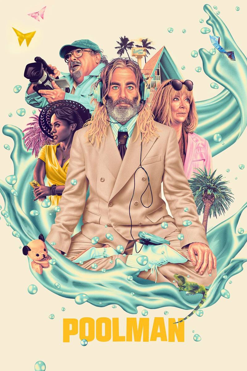 Poster chính thức của phim Phim Bí Ẩn, Phim Hài "Poolman" (Poolman - 2024), với sự tham gia của diễn viên Chris Pine và Annette Bening.