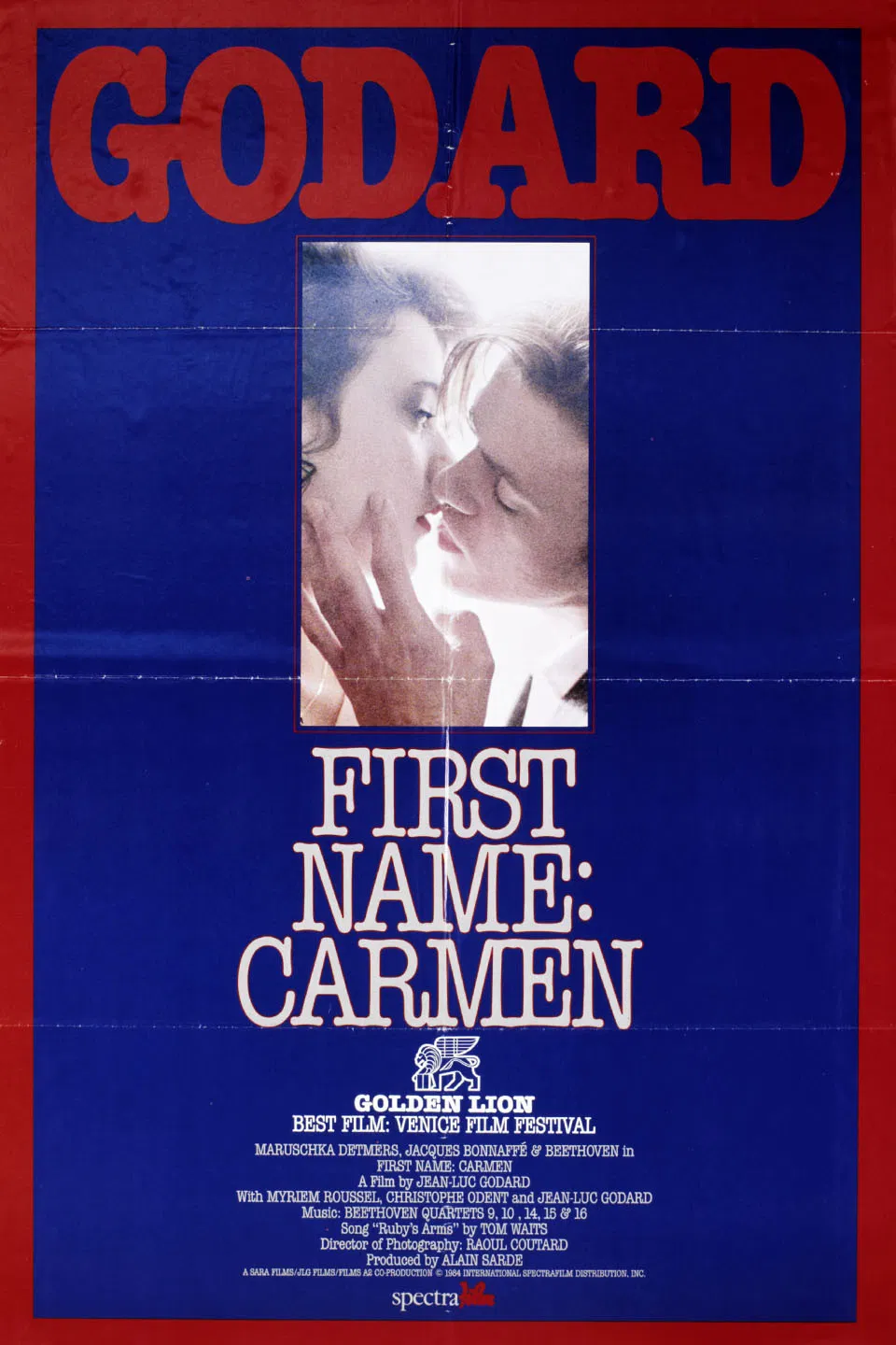 Poster chính thức của phim Phim Hình Sự, Phim Tâm Lý "Prénom Carmen" (First Name: Carmen - 1983), với sự tham gia của diễn viên Maruschka Detmers và Jacques Bonnaffé.
