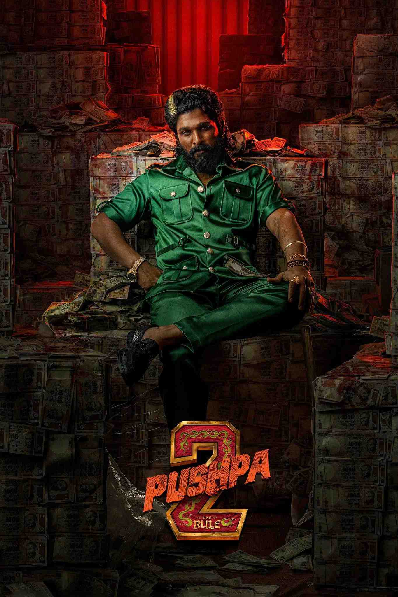 Poster chính thức của phim Phim Hành Động, Phim Tâm Lý "Pushpa 2 - The Rule" (Pushpa 2 - The Rule - 2024), với sự tham gia của diễn viên Allu Arjun và Rashmika Mandanna.