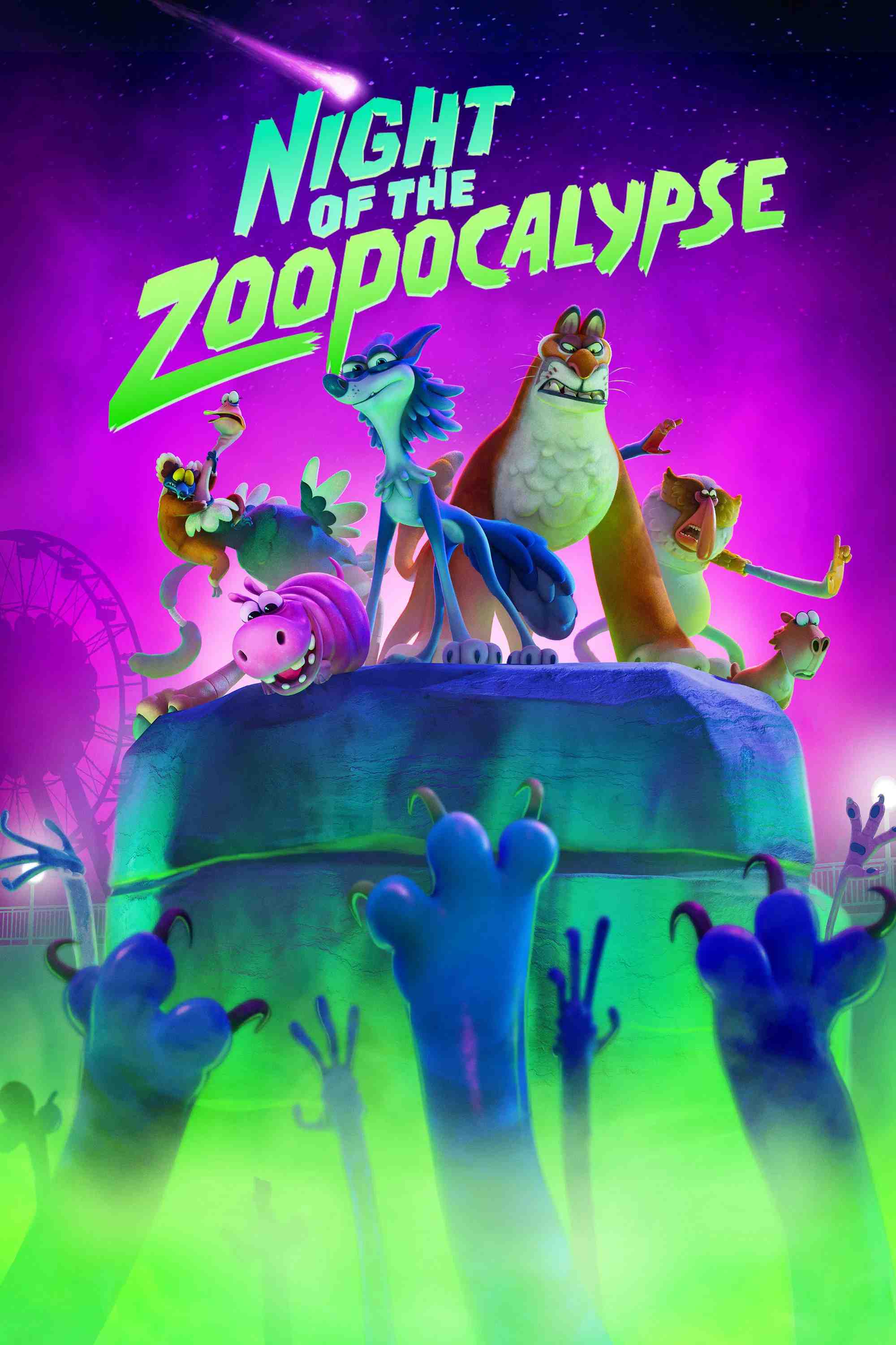 Poster chính thức của phim Phim Hoạt Hình, Phim Hài "Quái Thú Đại Náo Sở Thú" (Night of the Zoopocalypse - 2025), với sự tham gia của diễn viên Gabriella Kosmidis và David Harbour.
