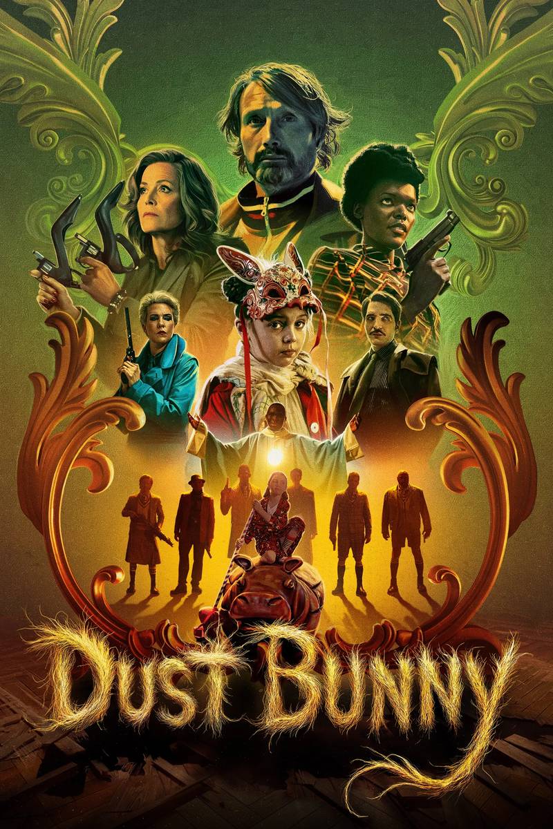 Poster chính thức của phim Phim Hành Động, Phim Giả Tượng "Quái Vật Dưới Gầm Giường" (Dust Bunny - 2025), với sự tham gia của diễn viên Mads Mikkelsen và Sophie Sloan.