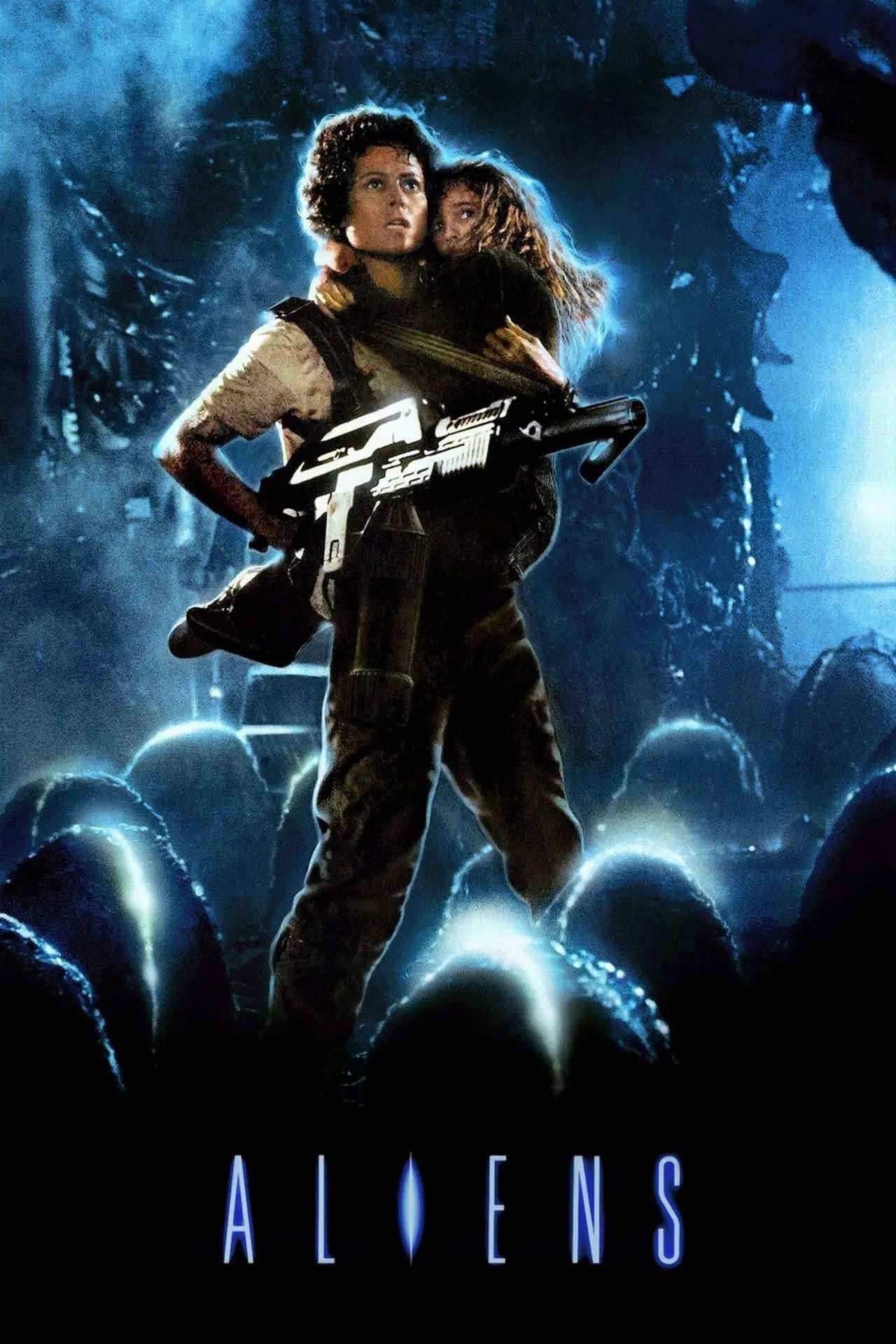 Poster chính thức của phim Phim Hành Động, Phim Giật Gân "Quái Vật Không Gian 2" (Aliens - 1986), với sự tham gia của diễn viên Sigourney Weaver và Carrie Henn.