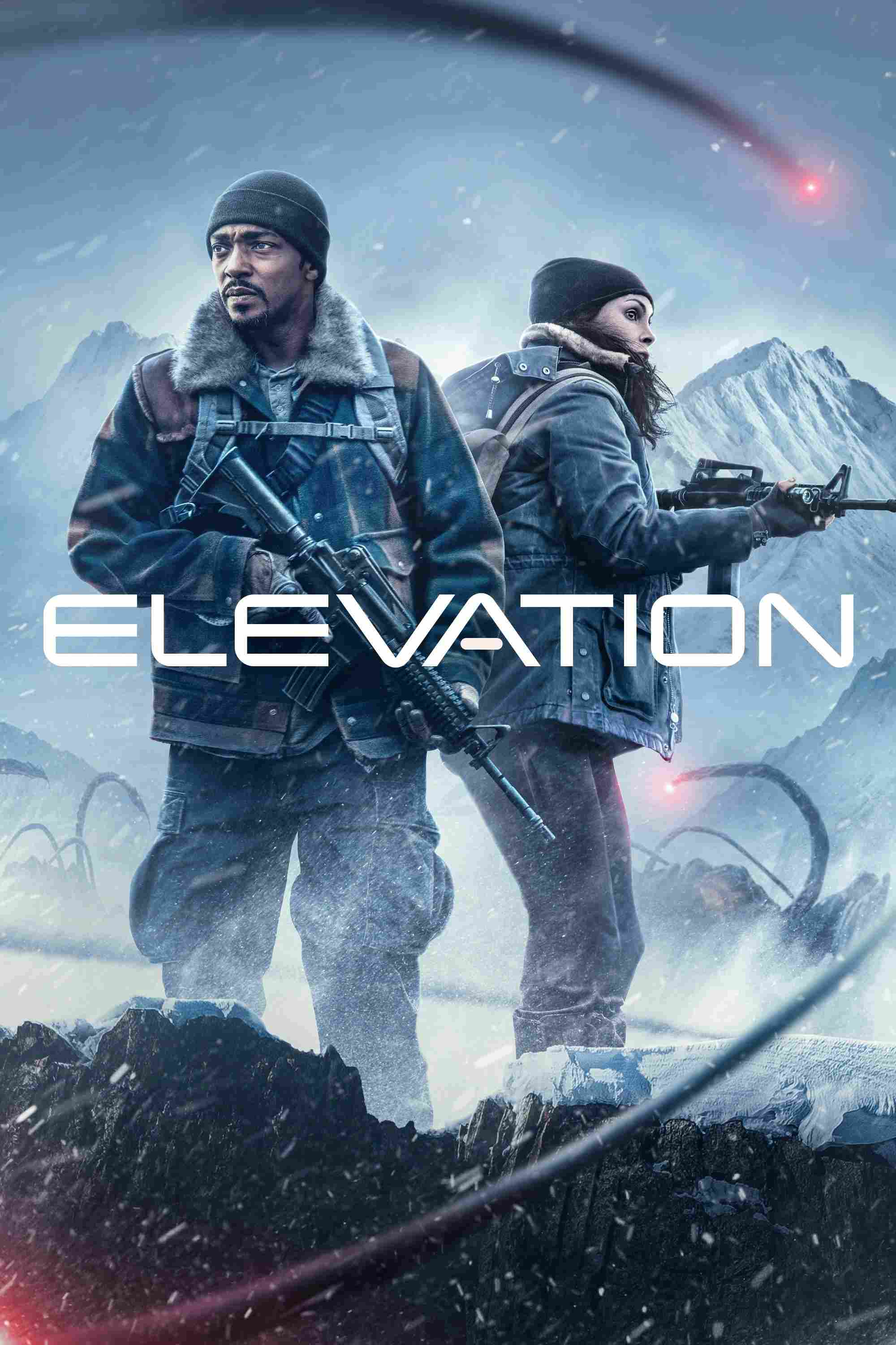 Poster chính thức của phim Phim Hành Động, Phim Viễn Tưởng "Quái Vật Từ Lòng Đất" (Elevation - 2024), với sự tham gia của diễn viên Anthony Mackie và Morena Baccarin.