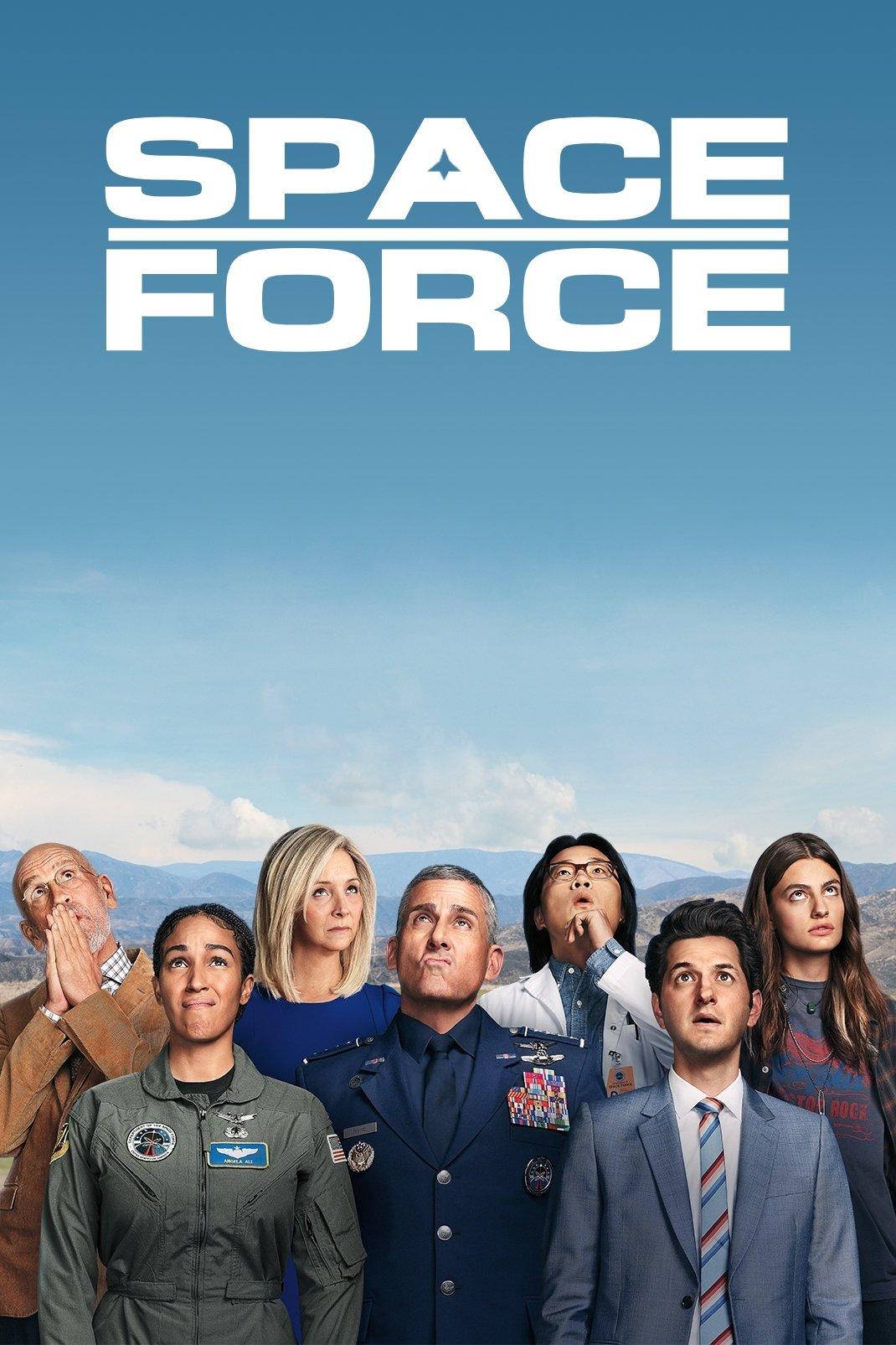 Poster chính thức của phim Phim Hài, Phim Tâm Lý "Quân Chủng Vũ Trụ (Phần 1)" (Space Force - 2020), với sự tham gia của diễn viên Steve Carell và John Malkovich.