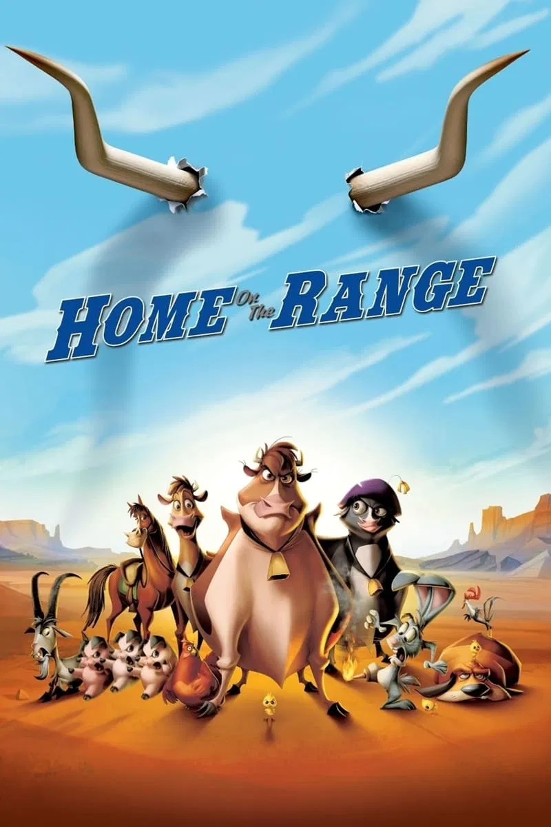 Poster chính thức của phim Phim Hoạt Hình, Phim Gia Đình "Quê Hương Trên Đồng Cỏ" (Home on the Range - 2004), với sự tham gia của diễn viên Roseanne Barr và Judi Dench.