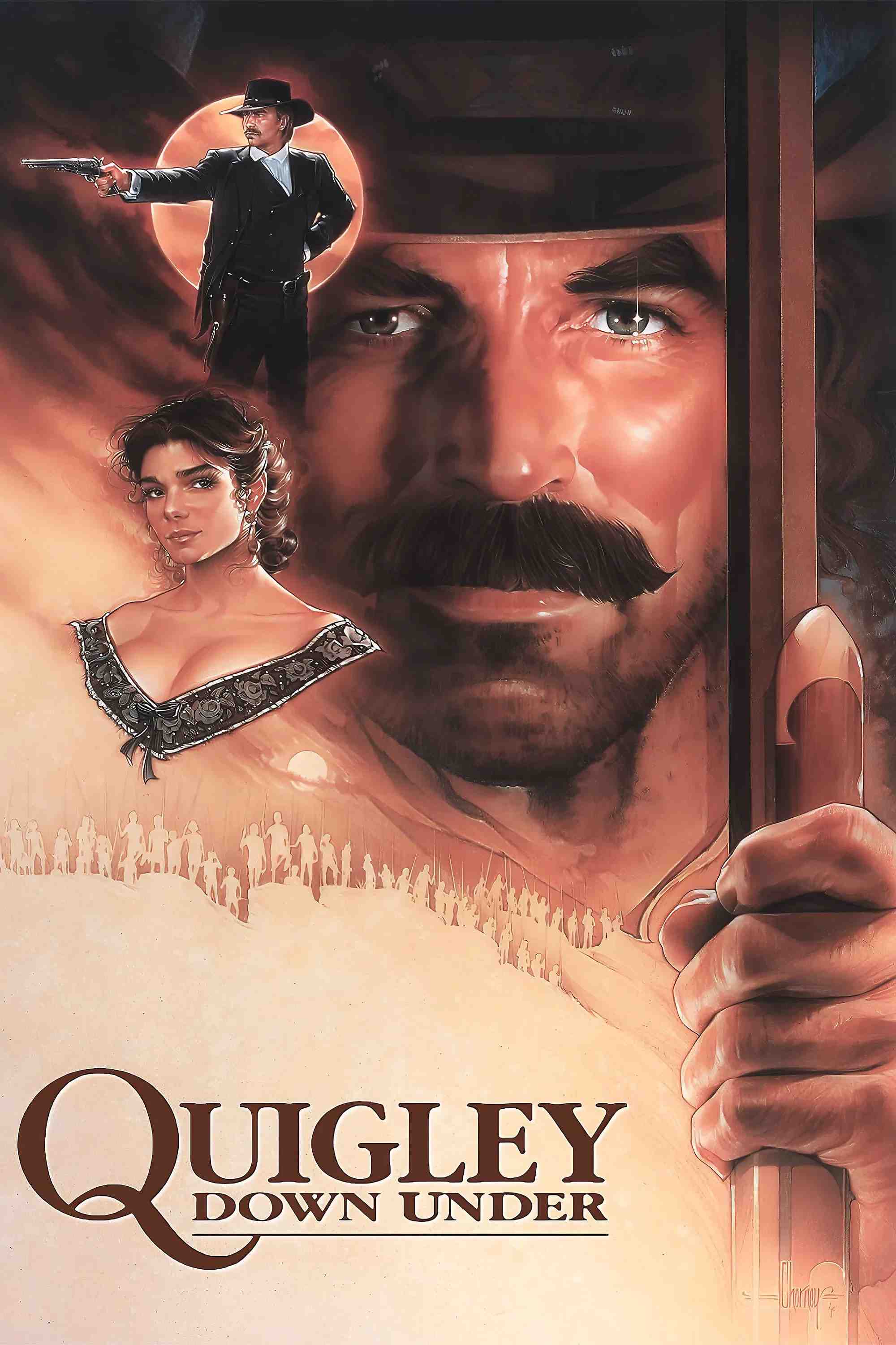 Poster chính thức của phim Phim Miền Tây "Quigley Down Under" (Quigley Down Under - 1990), với sự tham gia của diễn viên Tom Selleck và Laura San Giacomo.