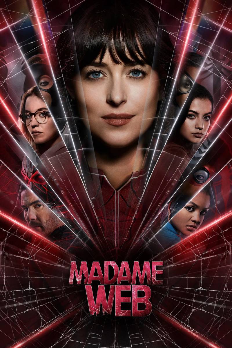 Poster chính thức của phim Phim Hành Động, Phim Giả Tượng "Quý Cô Mạng Nhện" (Madame Web - 2024), với sự tham gia của diễn viên Dakota Johnson và Sydney Sweeney.