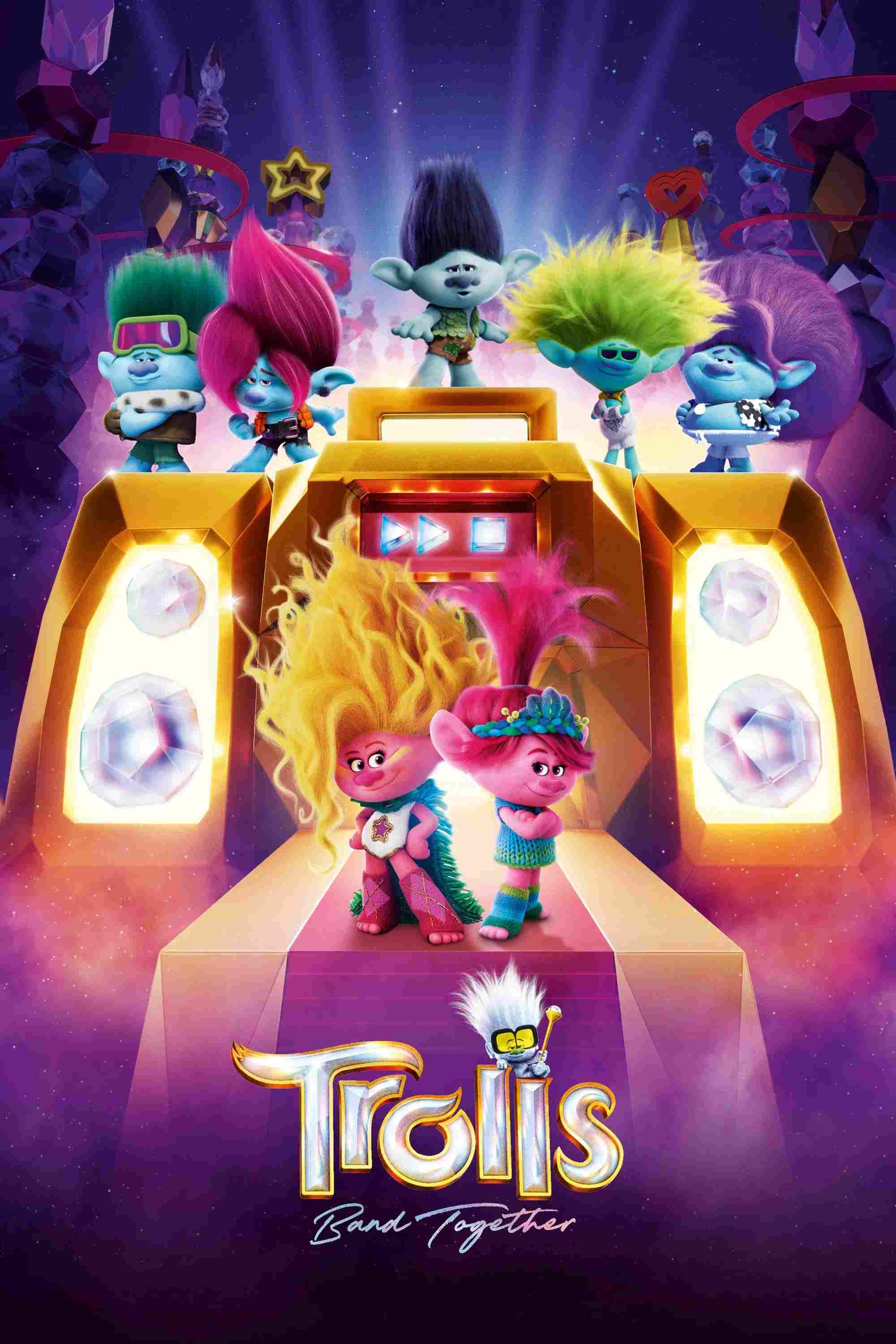 Poster chính thức của phim Phim Hoạt Hình, Phim Gia Đình "Quỷ Lùn Tinh Nghịch 3: Đồng Tâm Hiệp Nhạc" (Trolls Band Together - 2023), với sự tham gia của diễn viên Anna Kendrick và Justin Timberlake.