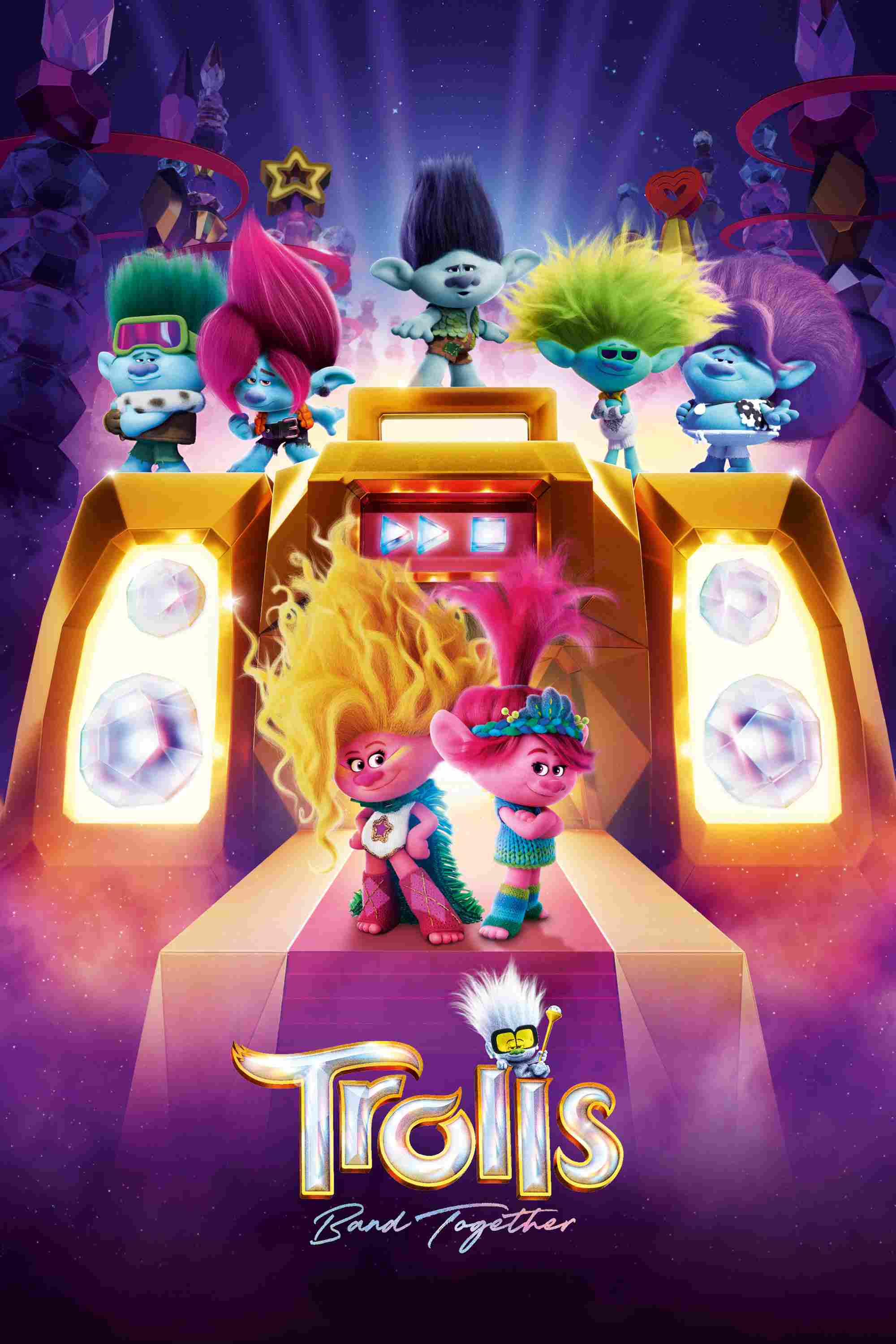 Poster chính thức của phim Phim Hoạt Hình, Phim Gia Đình "Quỷ Lùn Tinh Nghịch: Đồng Tâm Hiệp Nhạc" (Trolls Band Together - 2023), với sự tham gia của diễn viên Anna Kendrick và Justin Timberlake.