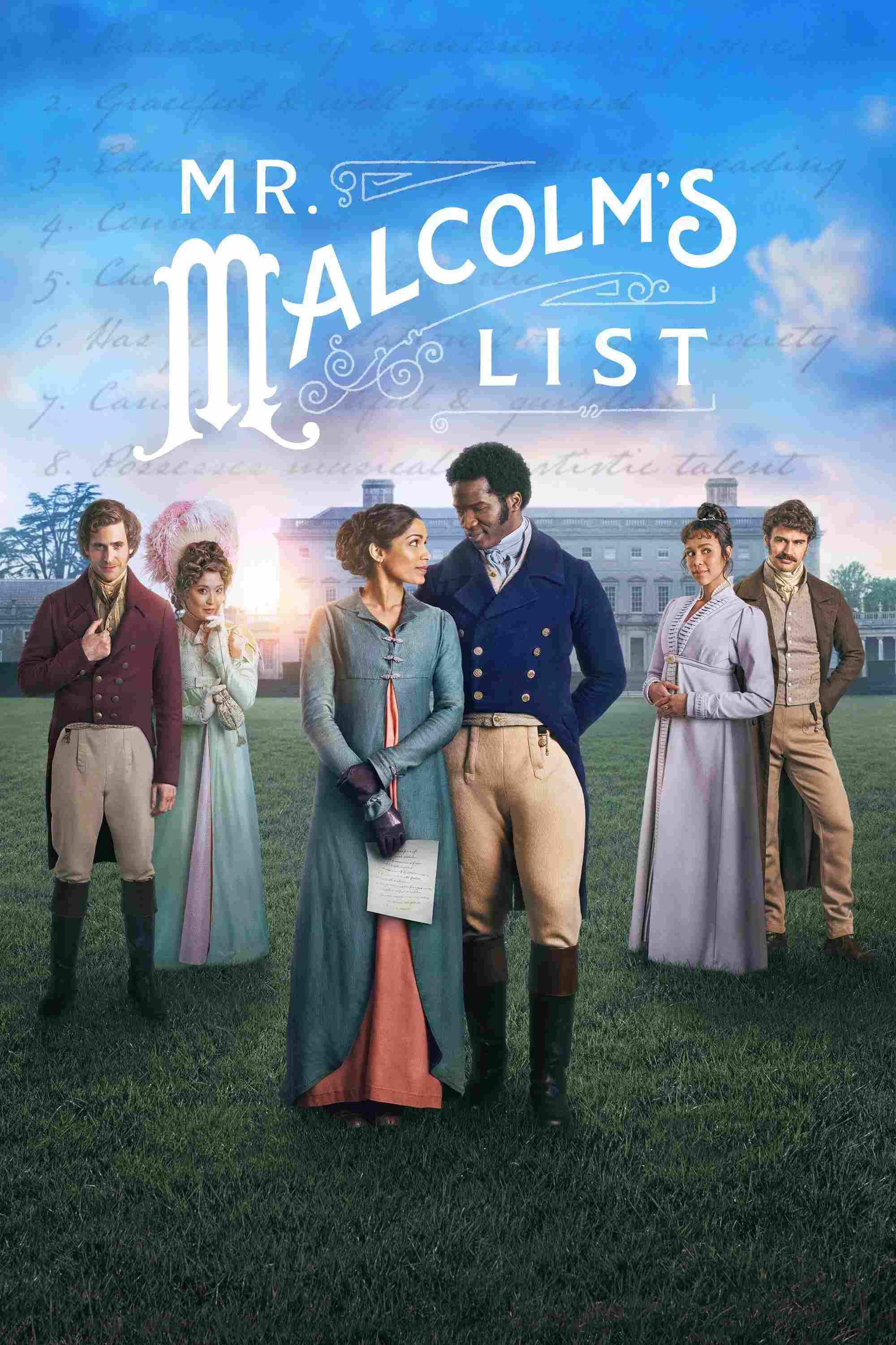 Poster chính thức của phim Phim Tình Cảm, Phim Hài "Quyến Rũ Ngài Malcolm" (Mr Malcolm's List - 2022), với sự tham gia của diễn viên Freida Pinto và Ṣọpẹ́ Dìrísù.