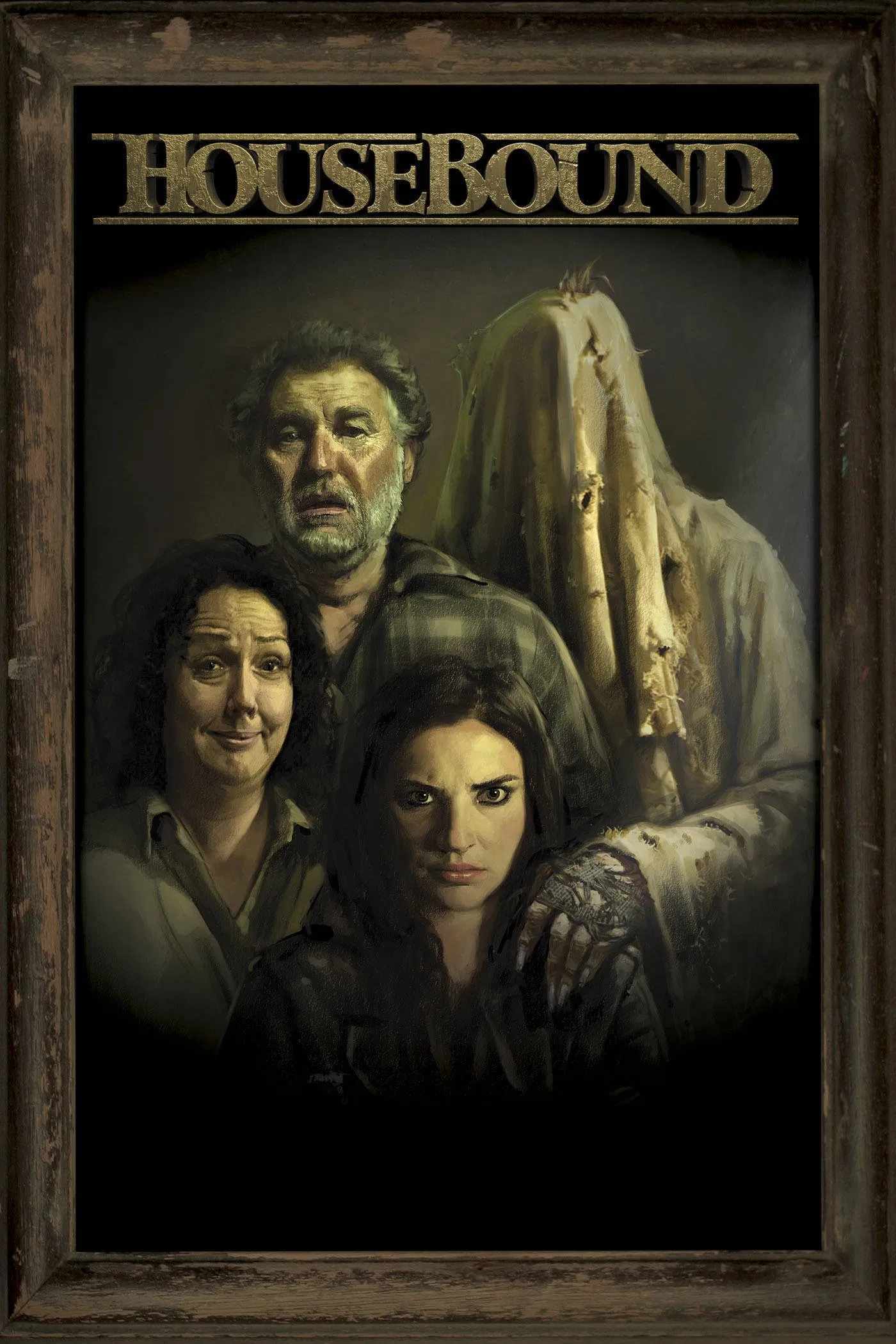 Poster chính thức của phim Phim Kinh Dị, Phim Hài "Ra Khỏi Nhà" (Housebound - 2014), với sự tham gia của diễn viên Morgana O'Reilly và Rima Te Wiata.