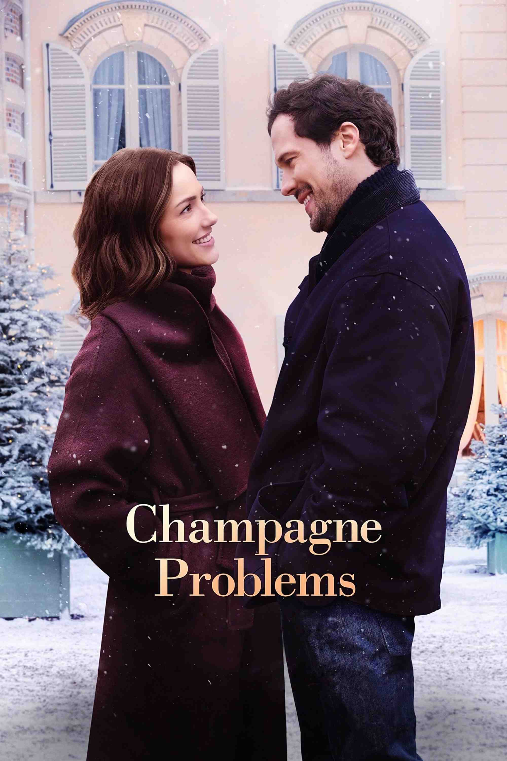 Poster chính thức của phim Phim Tình Cảm, Phim Hài "Rắc Rối Sâm Panh" (Champagne Problems - 2025), với sự tham gia của diễn viên Minka Kelly và Tom Wozniczka.