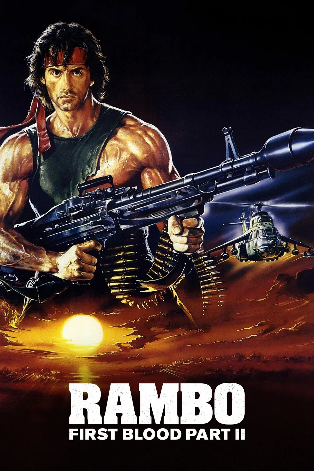 Poster chính thức của phim Phim Hành Động, Phim Phiêu Lưu "Rambo 2: Sát Nhân Trở Lại" (Rambo: First Blood Part II - 1985), với sự tham gia của diễn viên Sylvester Stallone và Richard Crenna.