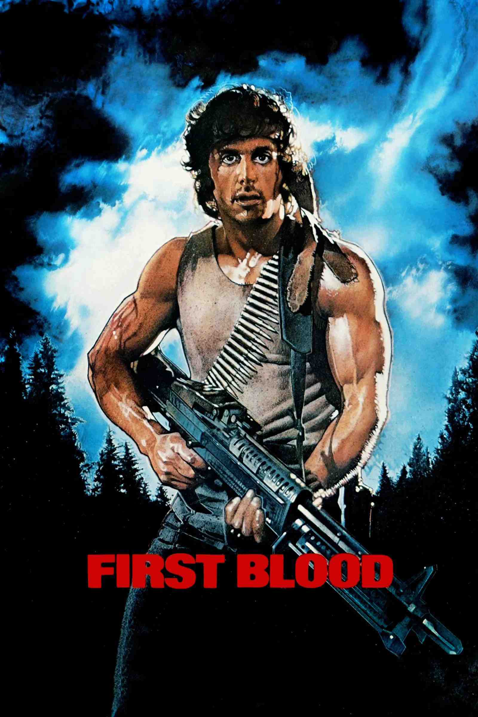 Poster chính thức của phim Phim Hành Động, Phim Phiêu Lưu "Rambo: Đổ Máu" (First Blood - 1982), với sự tham gia của diễn viên Sylvester Stallone và Richard Crenna.