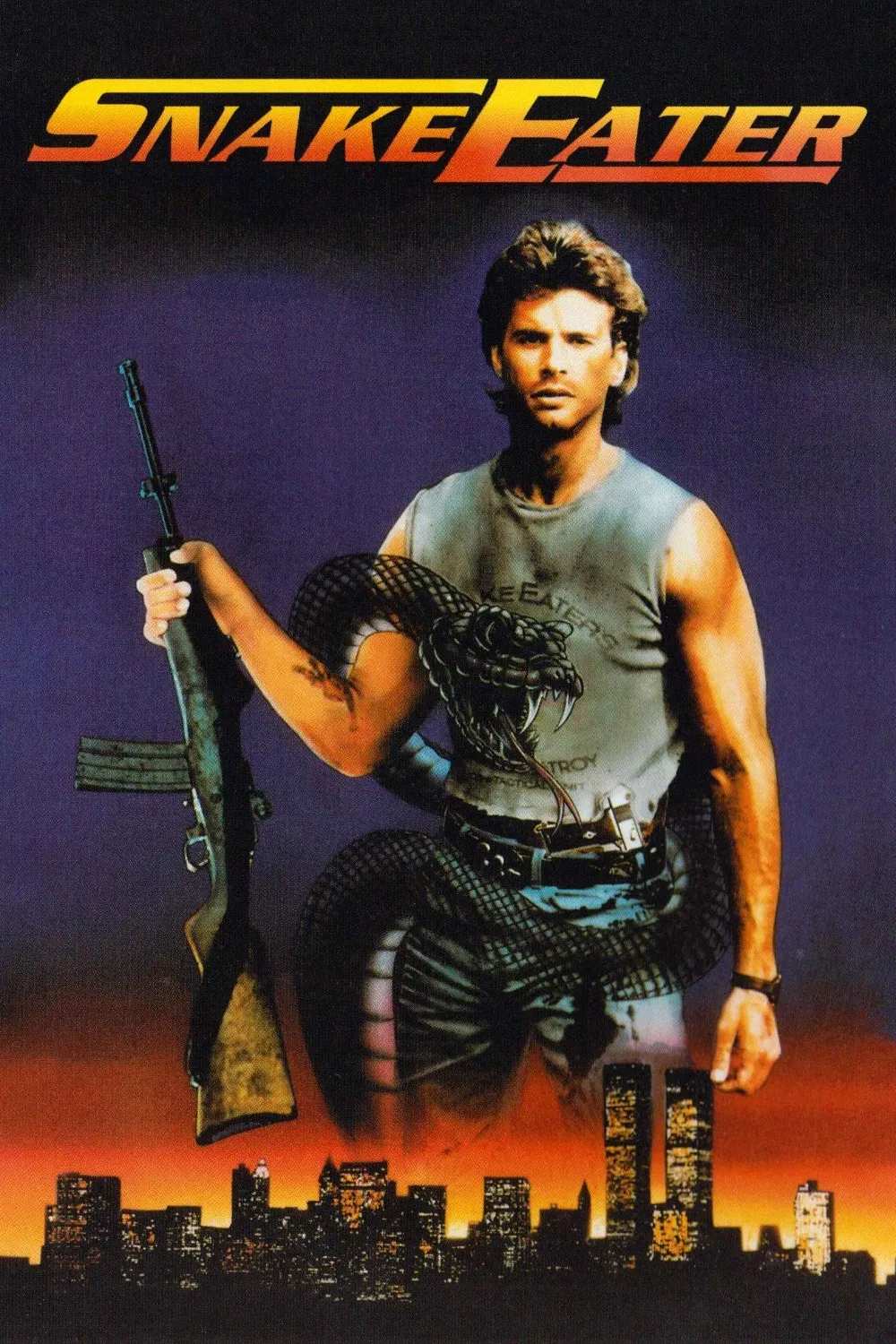 Poster chính thức của phim Phim Hành Động, Phim Giật Gân "Rắn ăn thịt" (Snake Eater - 1989), với sự tham gia của diễn viên Lorenzo Lamas và Ronnie Hawkins.