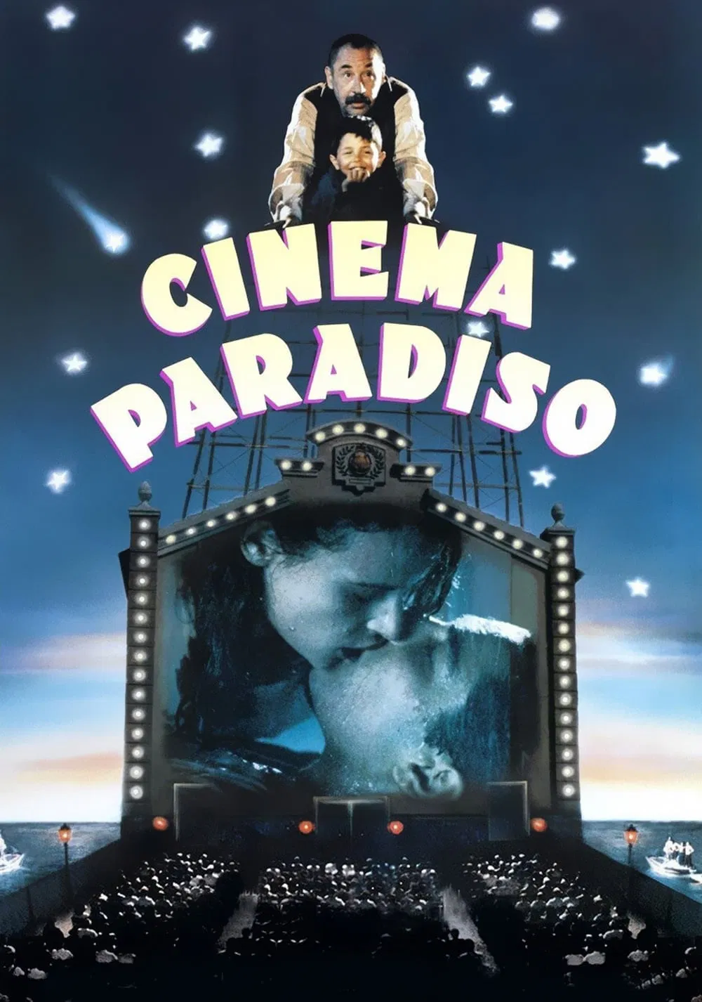 Poster chính thức của phim Phim Tâm Lý, Phim Tình Cảm "Rạp Chiếu Bóng Thiên Đường" (Cinema Paradiso - 1988), với sự tham gia của diễn viên Philippe Noiret và Jacques Perrin.