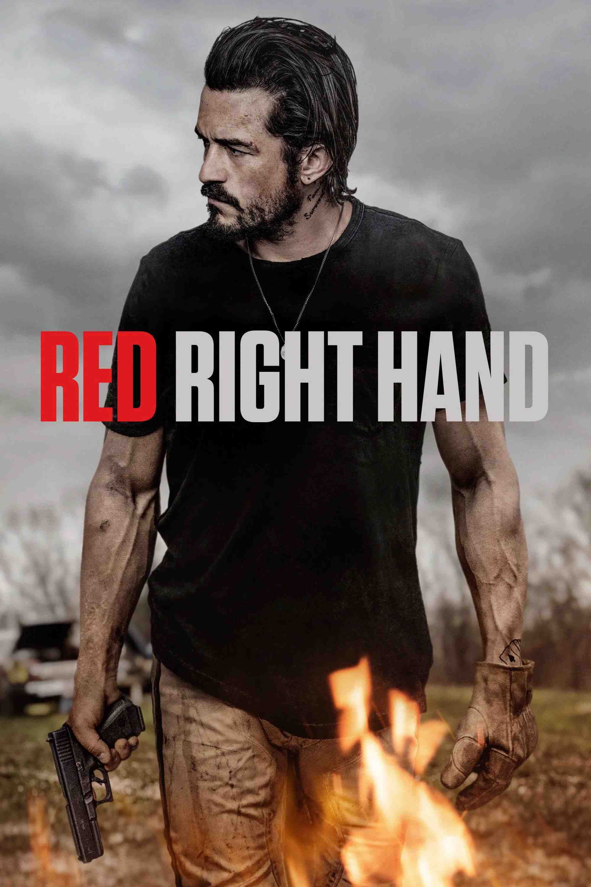 Poster chính thức của phim Phim Hình Sự, Phim Hành Động "Red Right Hand" (Red Right Hand - 2024), với sự tham gia của diễn viên Orlando Bloom và Andie MacDowell.