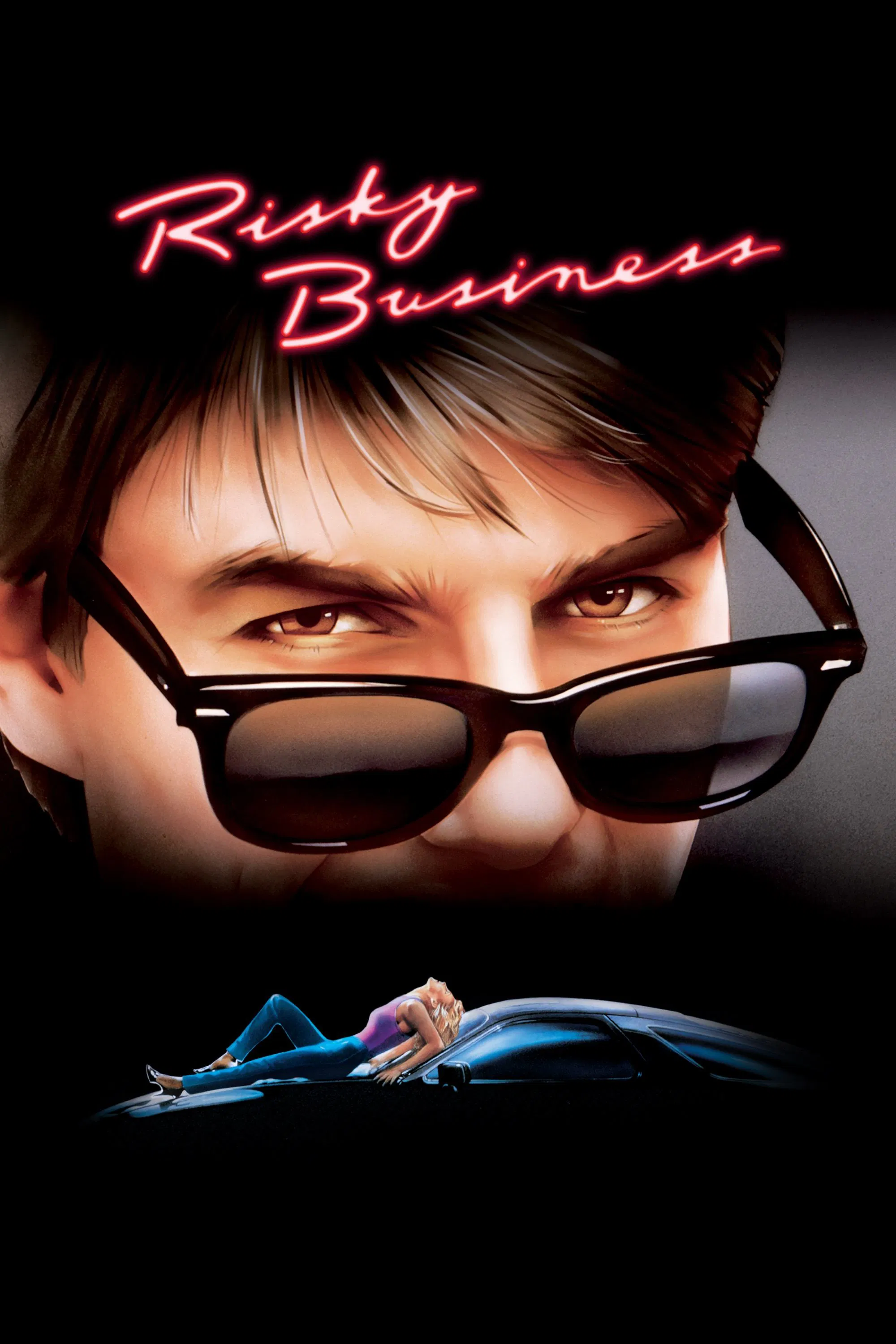 Poster chính thức của phim Phim Tình Cảm, Phim Hài "Risky Business" (Risky Business - 1983), với sự tham gia của diễn viên Tom Cruise và Rebecca De Mornay.