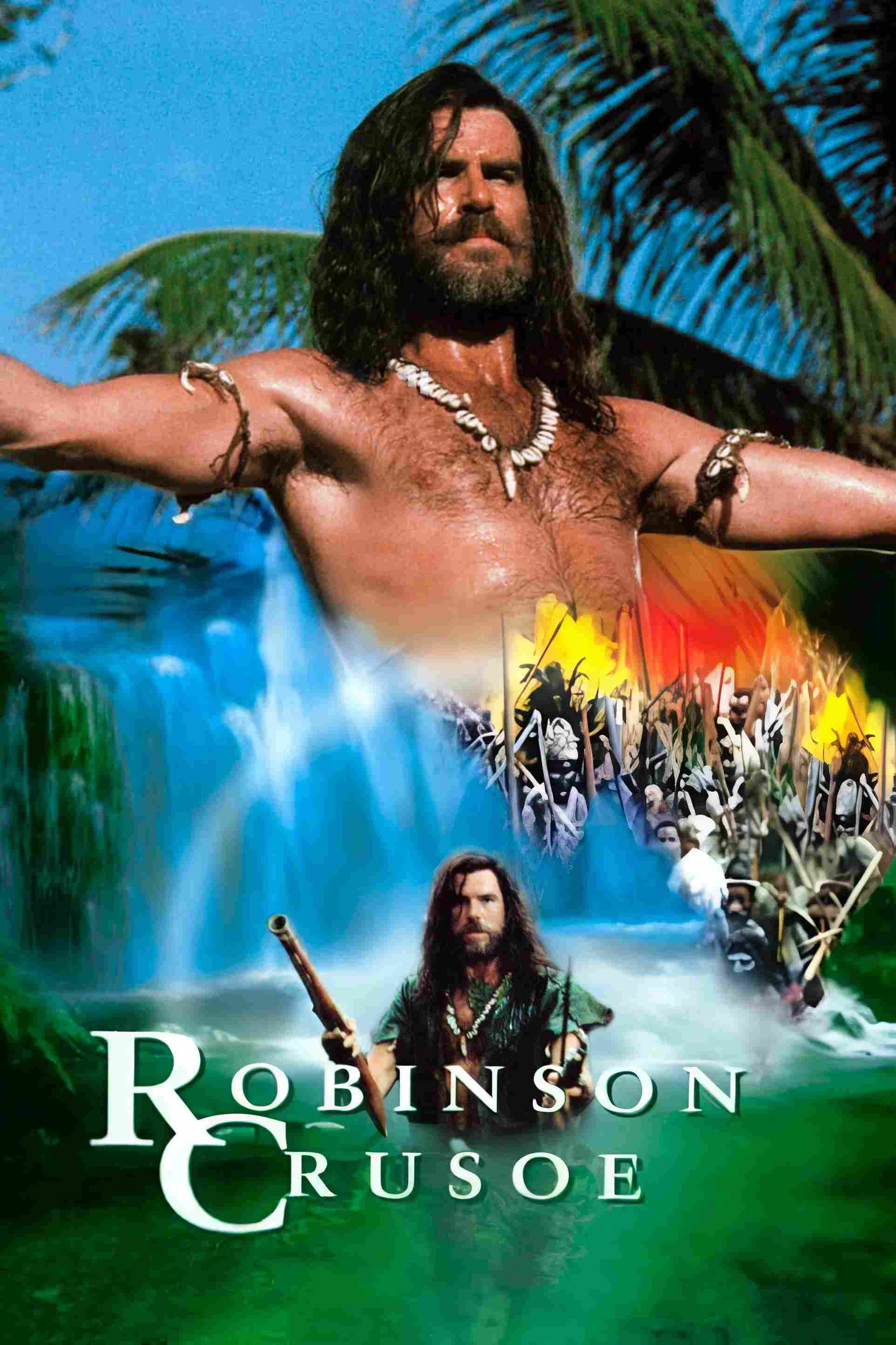 Poster chính thức của phim Phim Hành Động, Phim Phiêu Lưu "Robinson Trên Đảo Hoang" (Robinson Crusoe - 1997), với sự tham gia của diễn viên Pierce Brosnan và William Takaku.