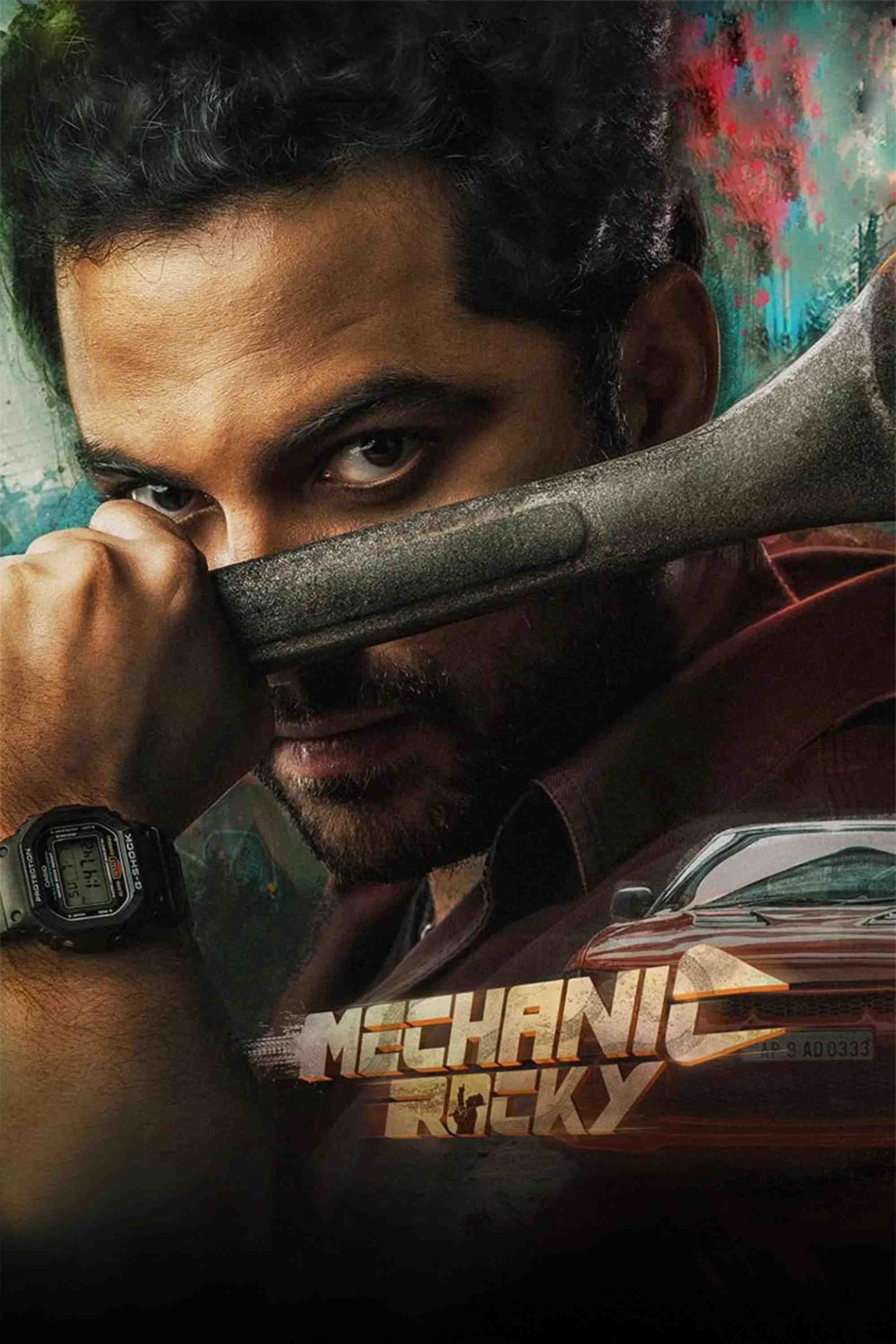 Poster chính thức của phim Phim Hành Động, Phim Tâm Lý "Rocky: Anh Thợ Máy Bá Đạo" (Mechanic Rocky - 2024), với sự tham gia của diễn viên Vishwak Sen và Meenakshi Chaudhary.