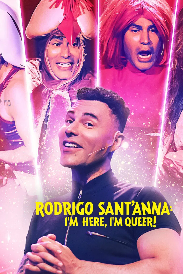 Poster chính thức của phim Phim Hài "Rodrigo Sant'Anna: Tôi là queer!" (Rodrigo Sant'anna: I'm Here, I'm Queer! - 2022), với sự tham gia của diễn viên Rodrigo Sant'anna.