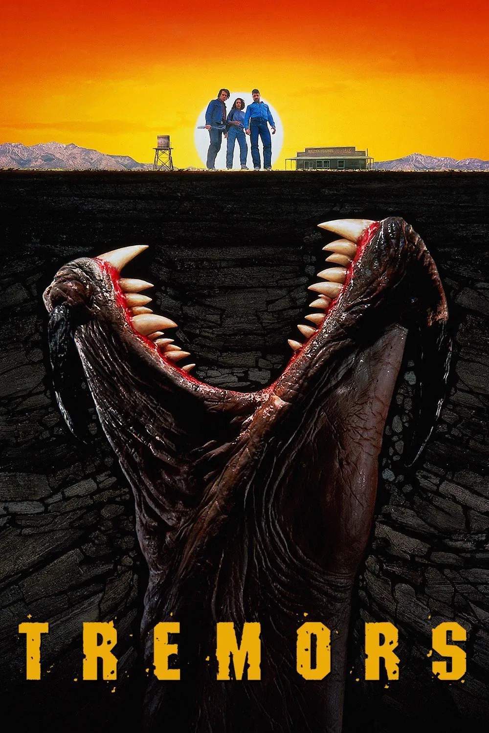 Poster chính thức của phim Phim Kinh Dị, Phim Hành Động "Rồng Đất" (Tremors - 1990), với sự tham gia của diễn viên Kevin Bacon và Fred Ward.