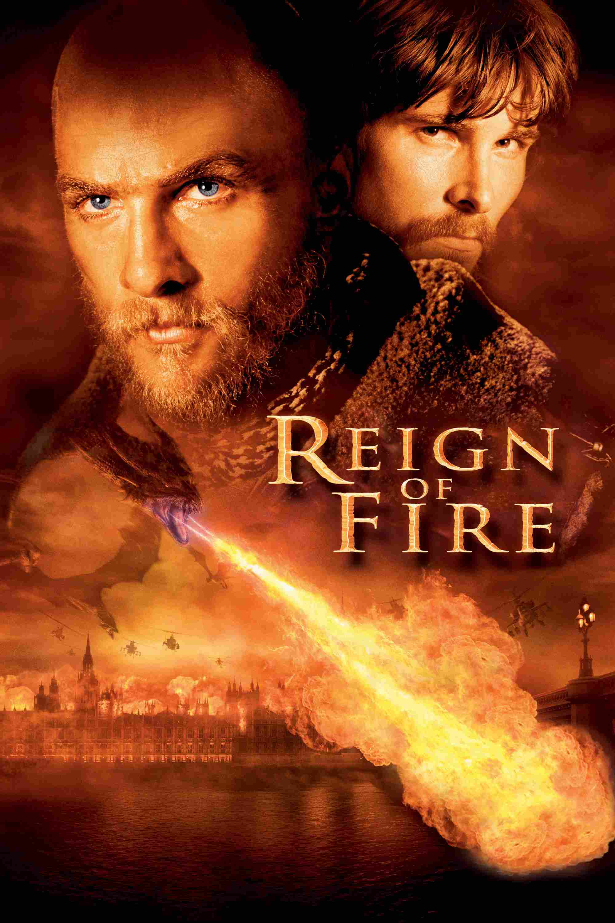 Poster chính thức của phim Phim Phiêu Lưu, Phim Hành Động "Rồng Lửa" (Reign of Fire - 2002), với sự tham gia của diễn viên Christian Bale và Matthew McConaughey.
