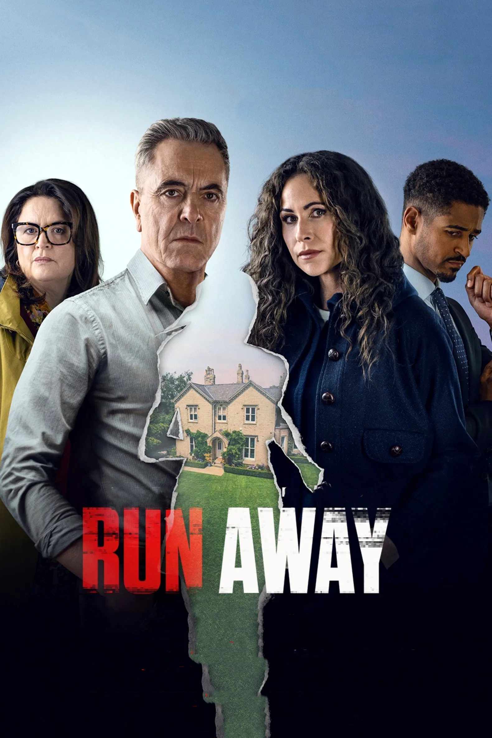 Poster chính thức của phim Phim Tâm Lý, Phim Bí Ẩn "Bỏ chạy" (Run Away - 2026), với sự tham gia của diễn viên James Nesbitt và Minnie Driver.