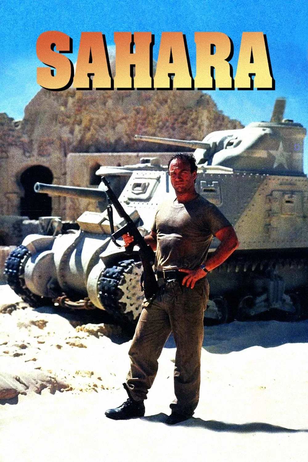Poster chính thức của phim Phim Hành Động, Phim Phiêu Lưu "Sahara" (Sahara - 1995), với sự tham gia của diễn viên Jim Belushi và Jerome Ehlers.