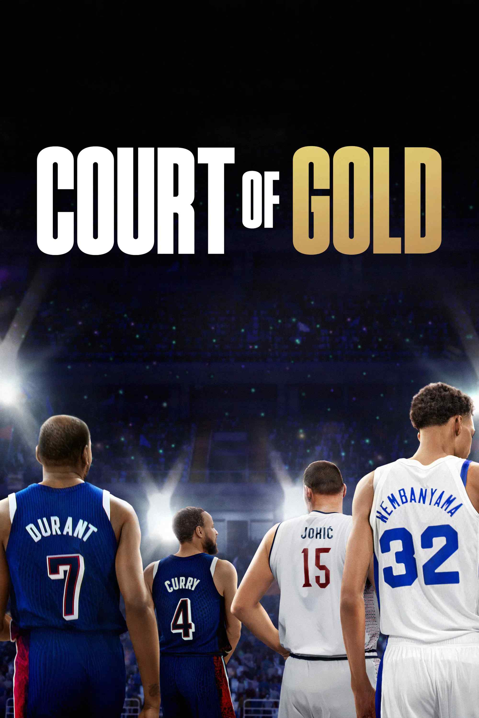 Poster chính thức của phim Phim Tài Liệu "Sân Bóng Rổ Vàng" (Court of Gold - 2025), với sự tham gia của diễn viên Stephen Curry và Kevin Durant.