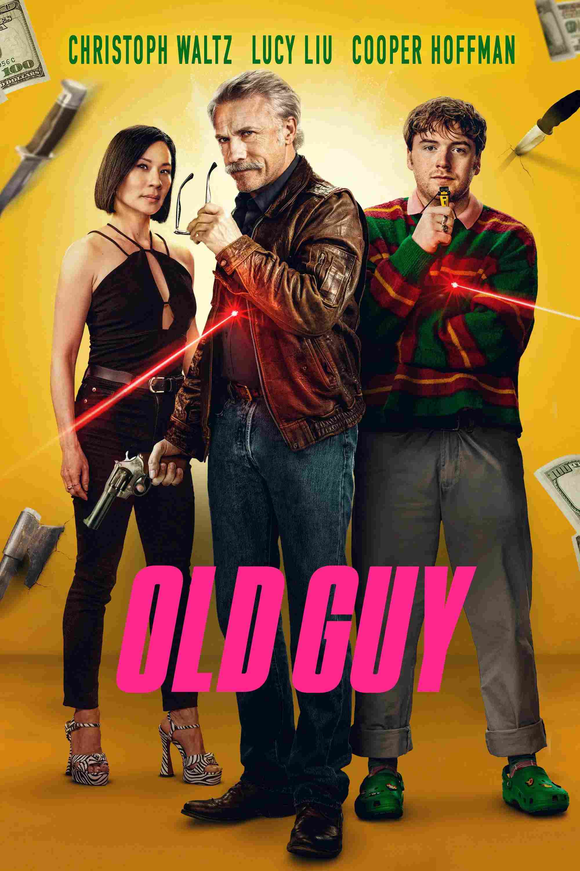 Poster chính thức của phim Phim Hành Động, Phim Hài "Sát Thủ Về Hưu" (Old Guy - 2024), với sự tham gia của diễn viên Christoph Waltz và Lucy Liu.