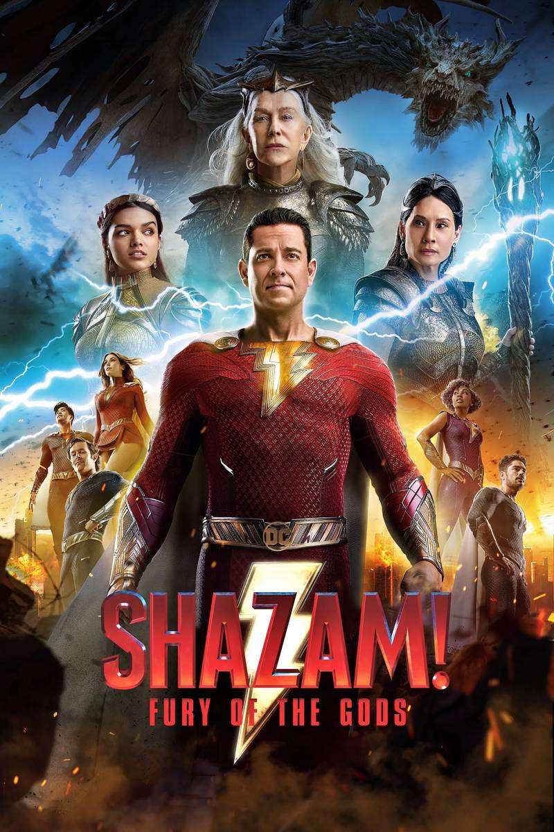 Poster chính thức của phim Phim Hài, Phim Hành Động "Shazam! Cơn Thịnh Nộ Của Các Vị Thần" (Shazam! Fury of the Gods - 2023), với sự tham gia của diễn viên Zachary Levi và Asher Angel.