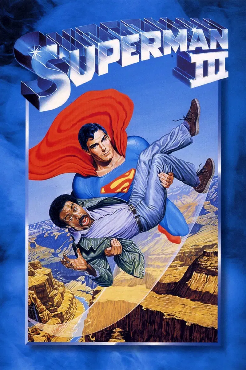 Poster chính thức của phim Phim Hài, Phim Viễn Tưởng "Siêu Nhân 3" (Superman III - 1983), với sự tham gia của diễn viên Christopher Reeve và Richard Pryor.