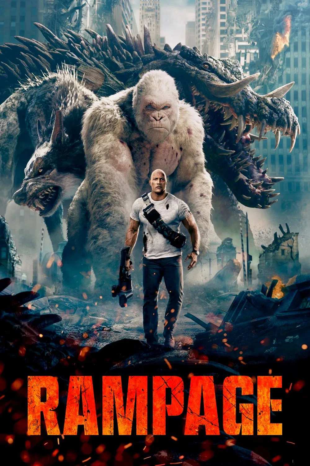 Poster chính thức của phim Phim Hành Động, Phim Phiêu Lưu "Siêu Thú Cuồng Nộ" (Rampage - 2018), với sự tham gia của diễn viên Dwayne Johnson và Naomie Harris.