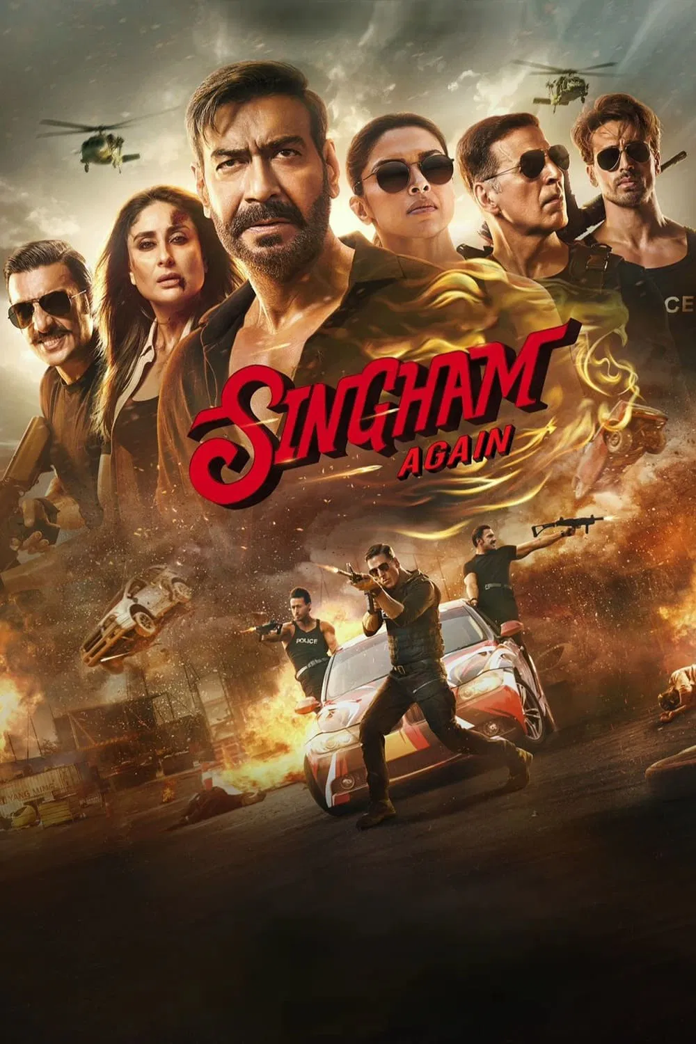 Poster chính thức của phim Phim Hành Động, Phim Tâm Lý "Singham Again" (Singham Again - 2024), với sự tham gia của diễn viên Ajay Devgn và Akshay Kumar.
