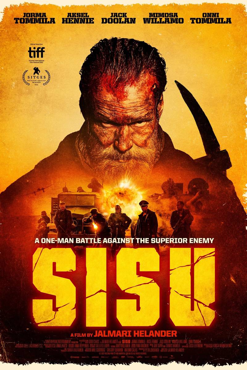 Poster chính thức của phim Phim Hành Động, Phim Chiến Tranh "Sisu: Già Gân Báo Thù" (Sisu - 2022), với sự tham gia của diễn viên Jorma Tommila và Aksel Hennie.
