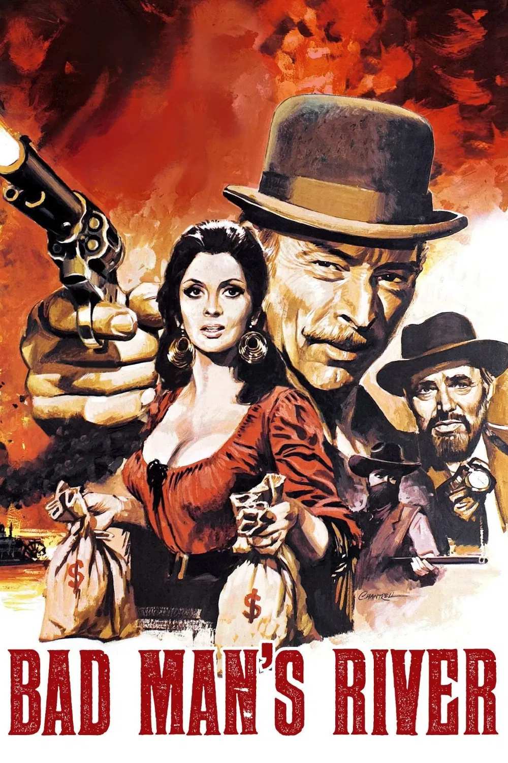Poster chính thức của phim Phim Miền Tây "Sông của Kẻ Xấu" (Bad Man's River - 1971), với sự tham gia của diễn viên Lee Van Cleef và James Mason.