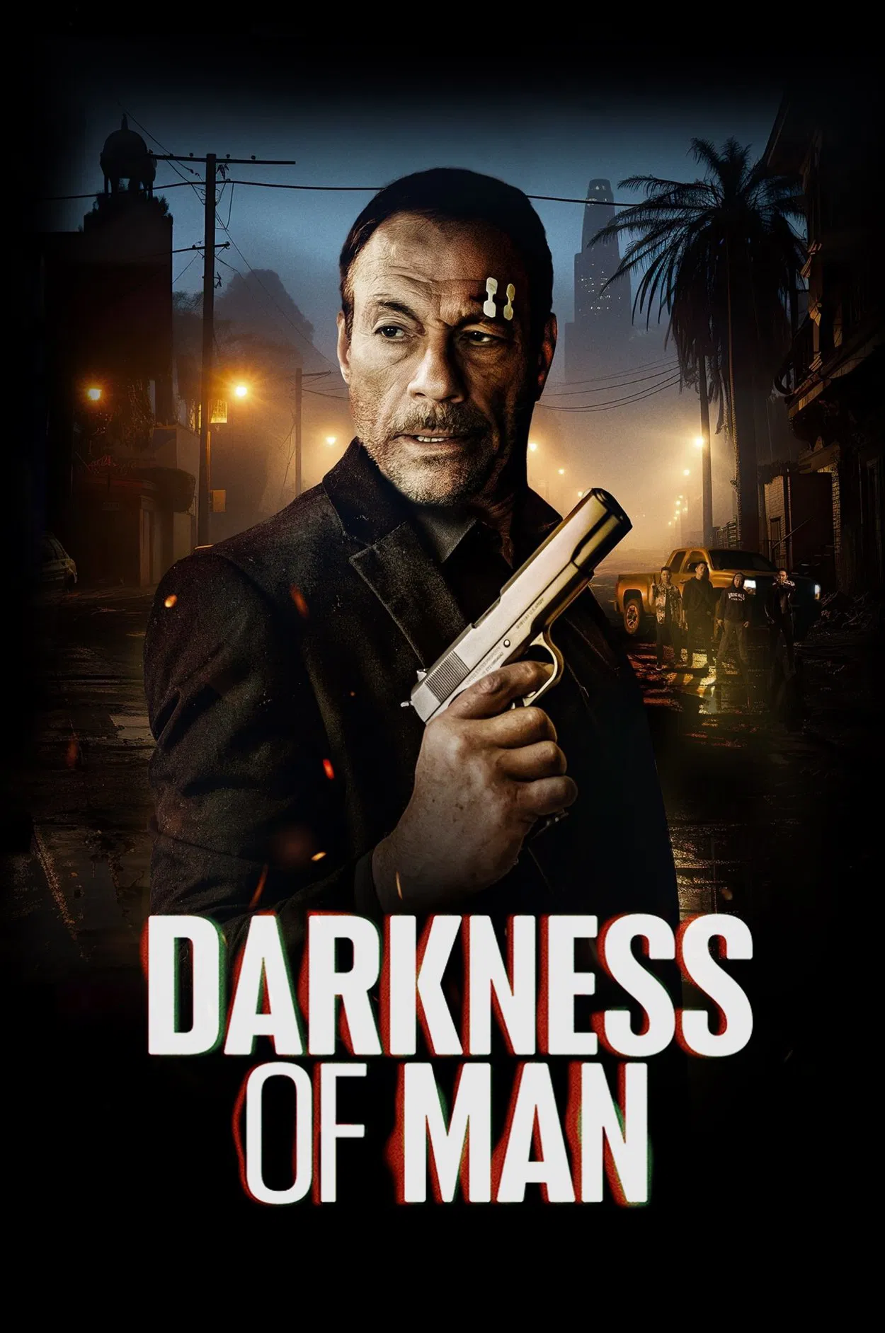 Poster chính thức của phim Phim Hành Động, Phim Hình Sự "Sứ Mệnh Trong Bóng Tối" (Darkness of Man - 2025), với sự tham gia của diễn viên Jean-Claude Van Damme và Emerson Min.