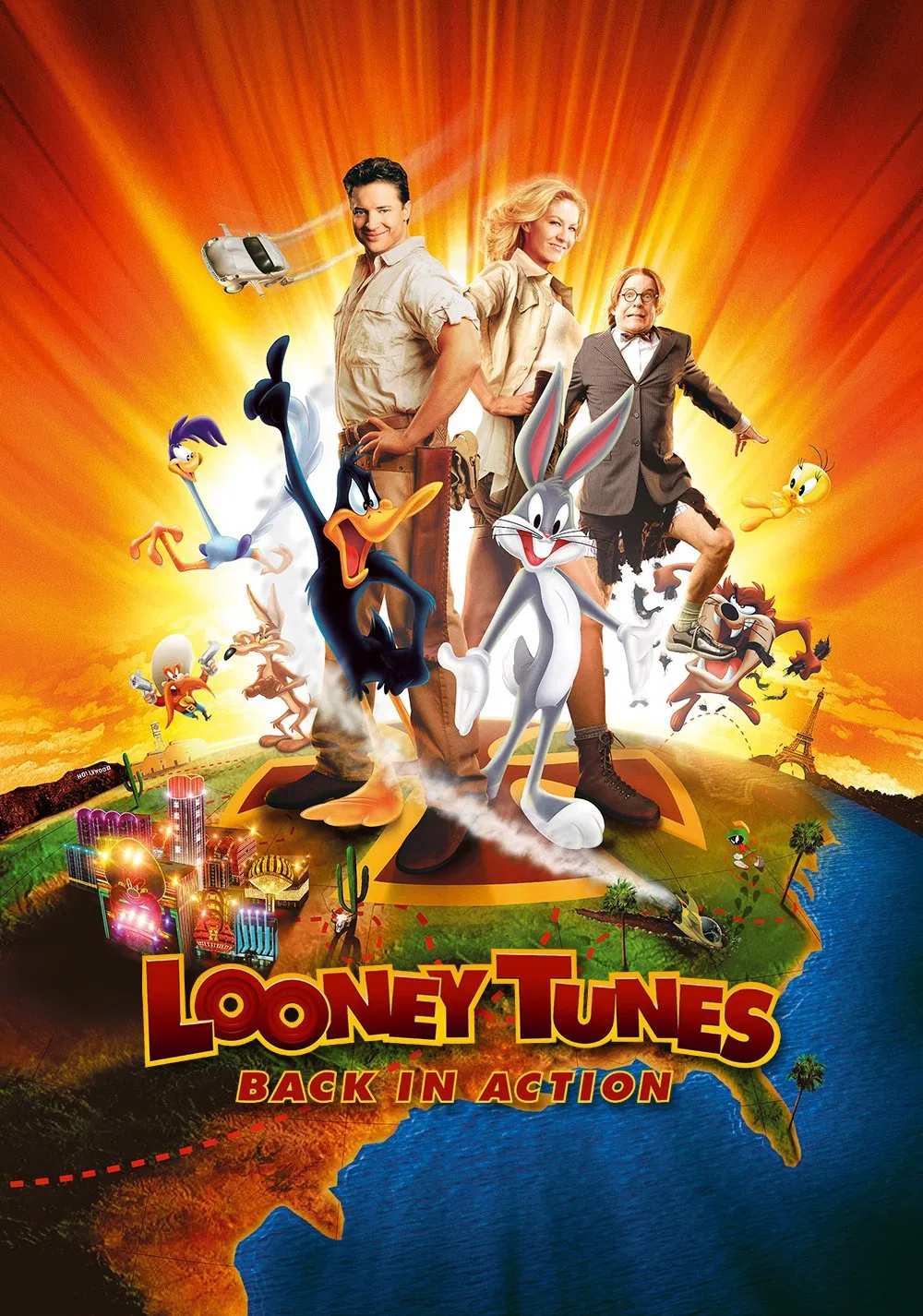 Poster chính thức của phim Phim Hoạt Hình, Phim Hài "Sự Trở Lại Của Những Giai Điệu Vui Vẻ" (Looney Tunes: Back in Action - 2003), với sự tham gia của diễn viên Brendan Fraser và Jenna Elfman.