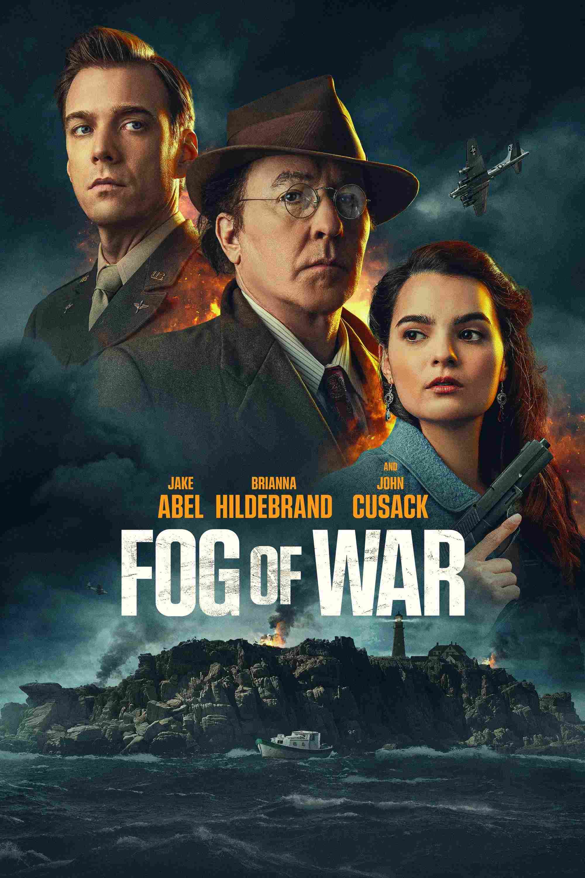 Poster chính thức của phim Phim Giật Gân "Sương Mù Chiến Tranh" (Fog of War - 2025), với sự tham gia của diễn viên Jake Abel và Brianna Hildebrand.