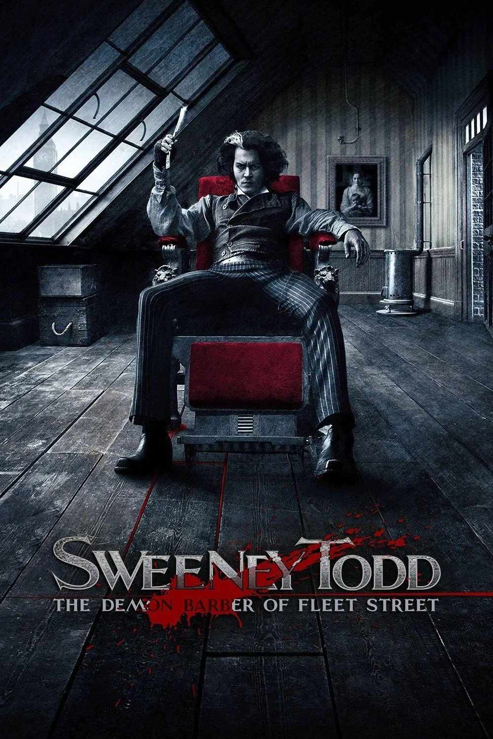 Poster chính thức của phim Phim Tâm Lý, Phim Kinh Dị "Sweeney Todd: The Demon Barber of Fleet Street" (Sweeney Todd: The Demon Barber of Fleet Street - 2007), với sự tham gia của diễn viên Johnny Depp và Helena Bonham Carter.